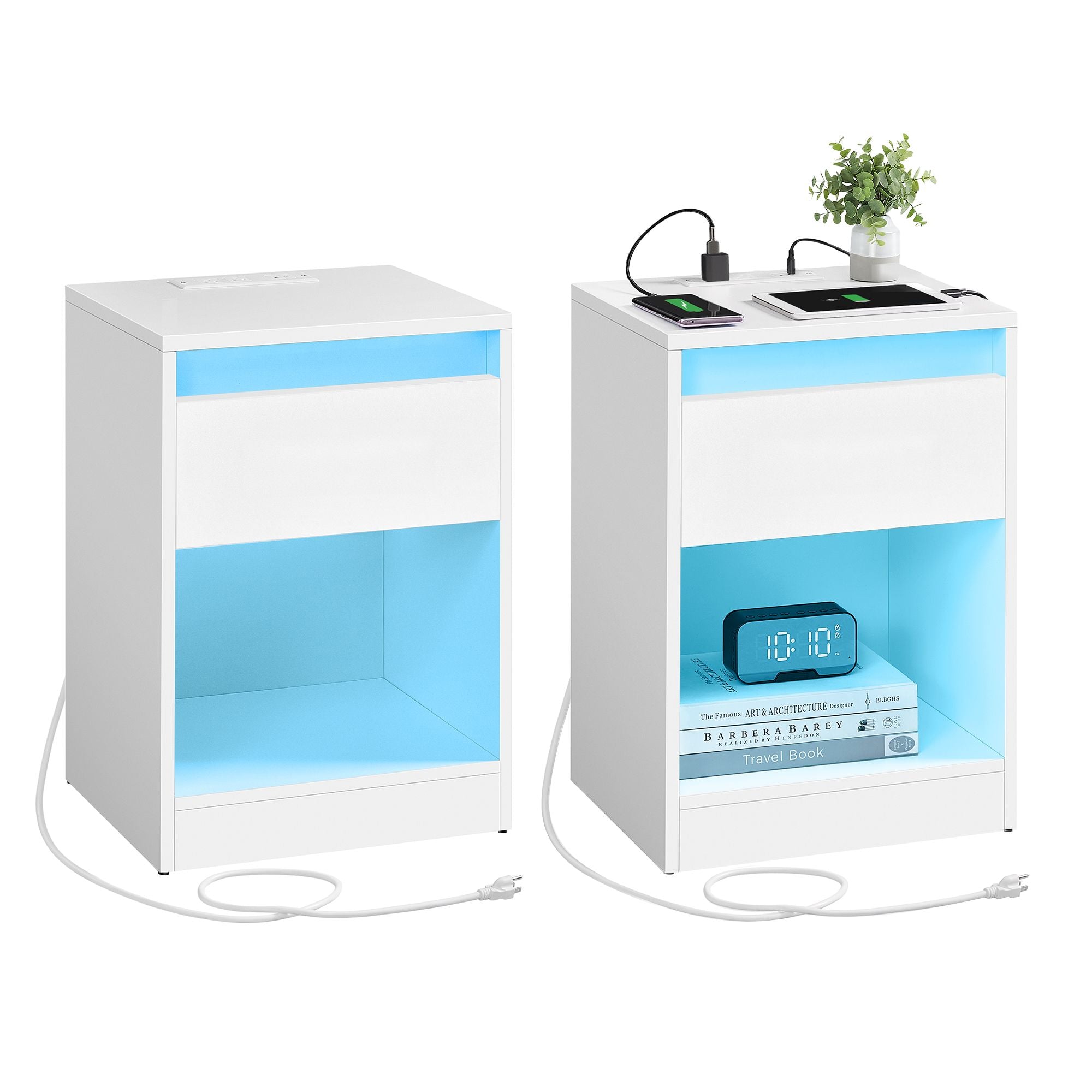 Set of 2 LED Nightstands with Charging Station - Adjustable Colors - 2 AC Outlets - 2 USB Ports - Bedside Tables - Side Tables with Drawer - 13.8 x 15.7 x 21.7 Inches - Cloud White ULET918T14