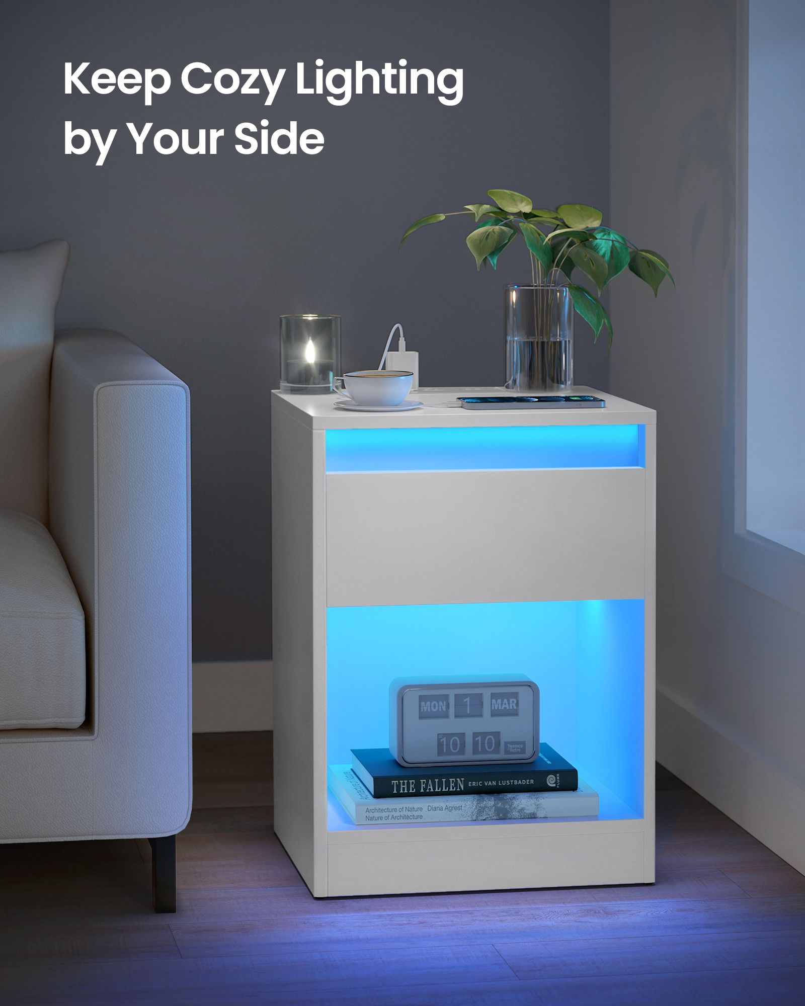 Set of 2 LED Nightstands with Charging Station - Adjustable Colors - 2 AC Outlets - 2 USB Ports - Bedside Tables - Side Tables with Drawer - 13.8 x 15.7 x 21.7 Inches - Cloud White ULET918T14