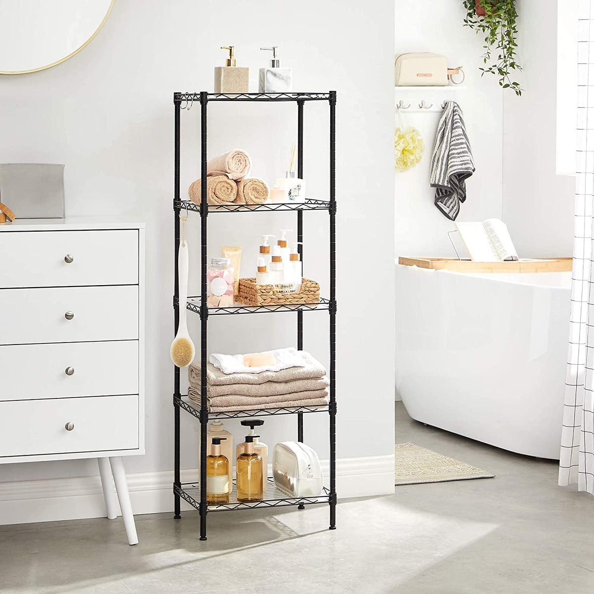 5-Tier Metal Storage Shelves - Kitchen Wire Shelving Unit - Storage Rack with Adjustable Shelves - Shelf Liners - 8 Hooks - for Garage - Black