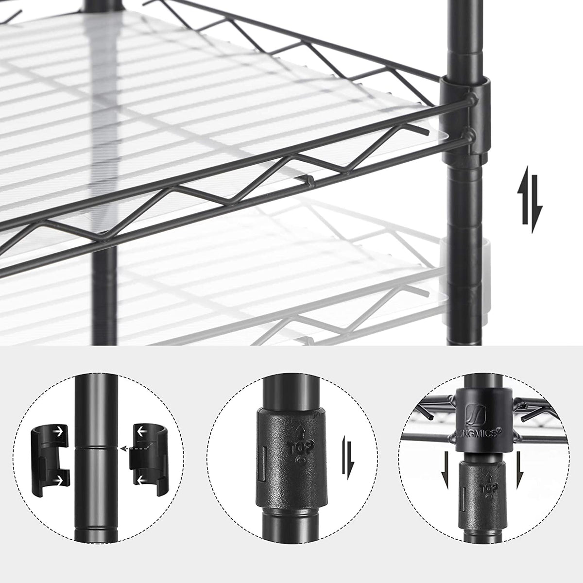 5-Tier Metal Storage Shelves - Kitchen Wire Shelving Unit - Storage Rack with Adjustable Shelves - Shelf Liners - 8 Hooks - for Garage - Black