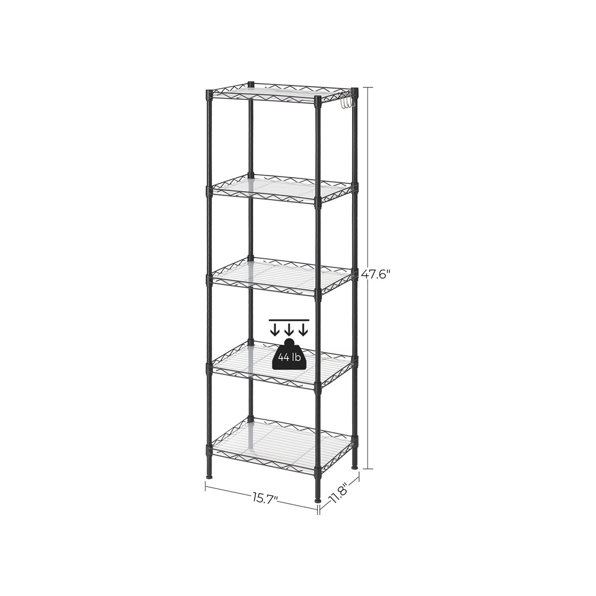 5-Tier Metal Storage Shelves - Kitchen Wire Shelving Unit - Storage Rack with Adjustable Shelves - Shelf Liners - 8 Hooks - for Garage - Black