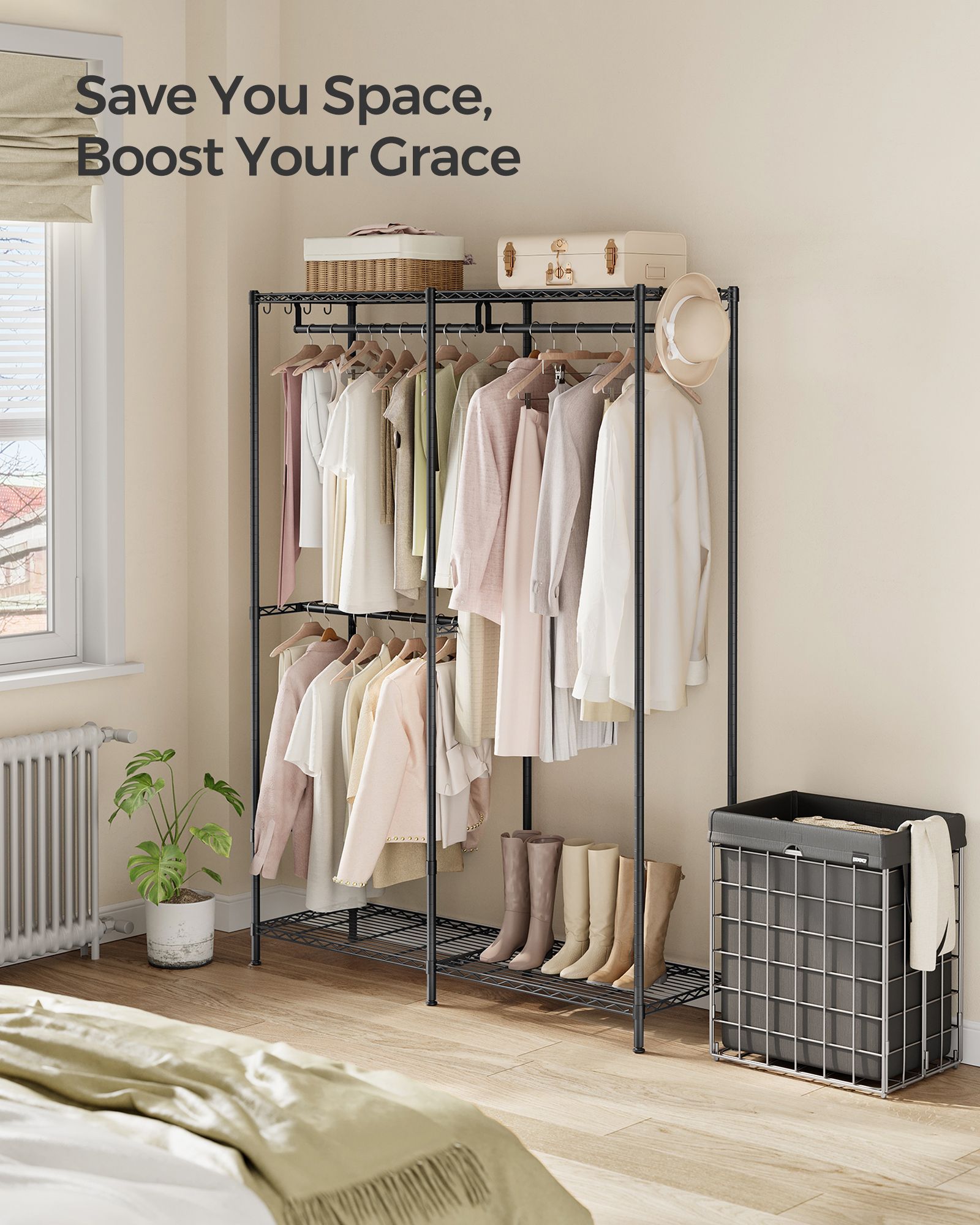 Metal Clothing Rack with Adjustable Shelves and Hanging Rails - Ink Black