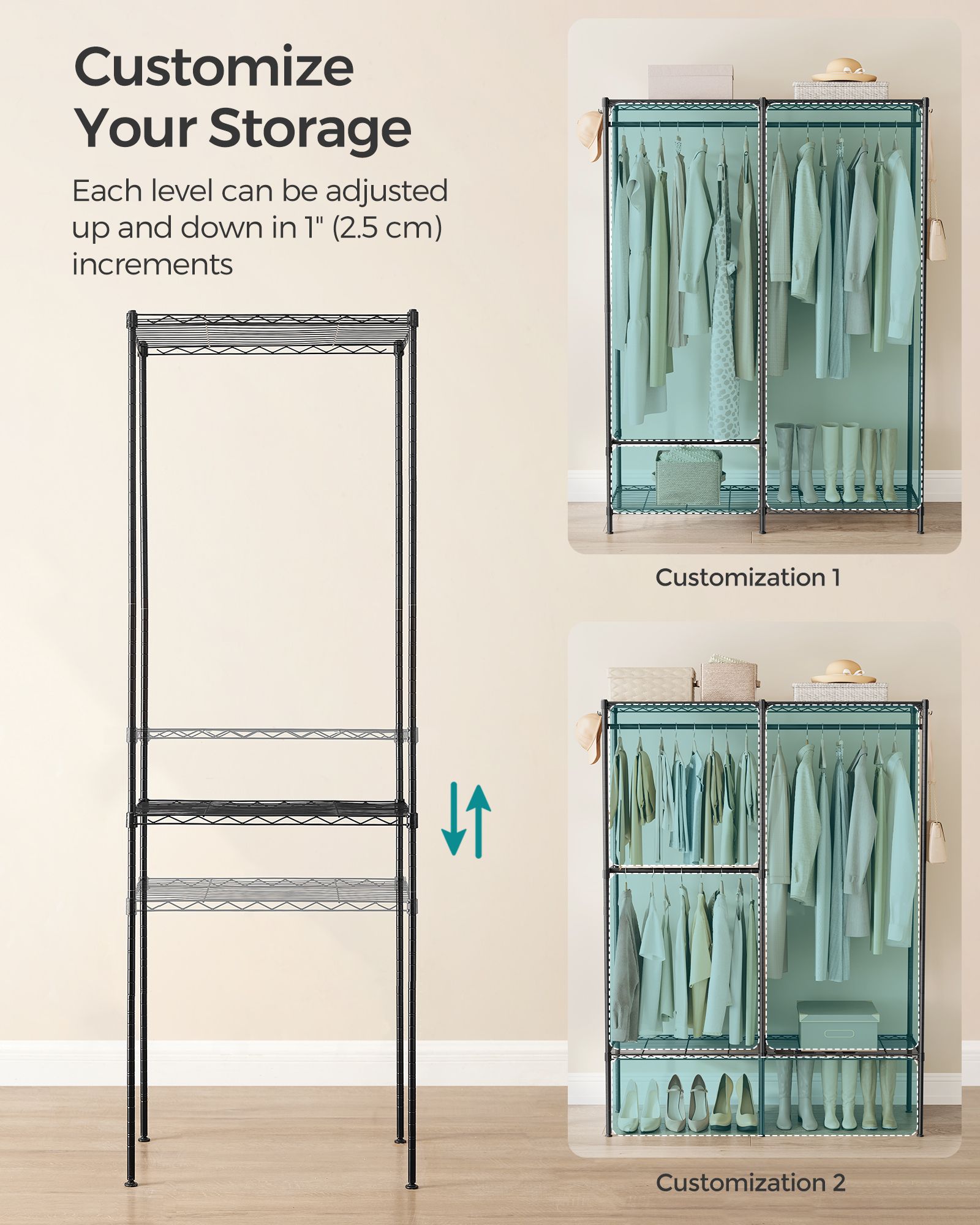Metal Clothing Rack with Adjustable Shelves and Hanging Rails - Ink Black