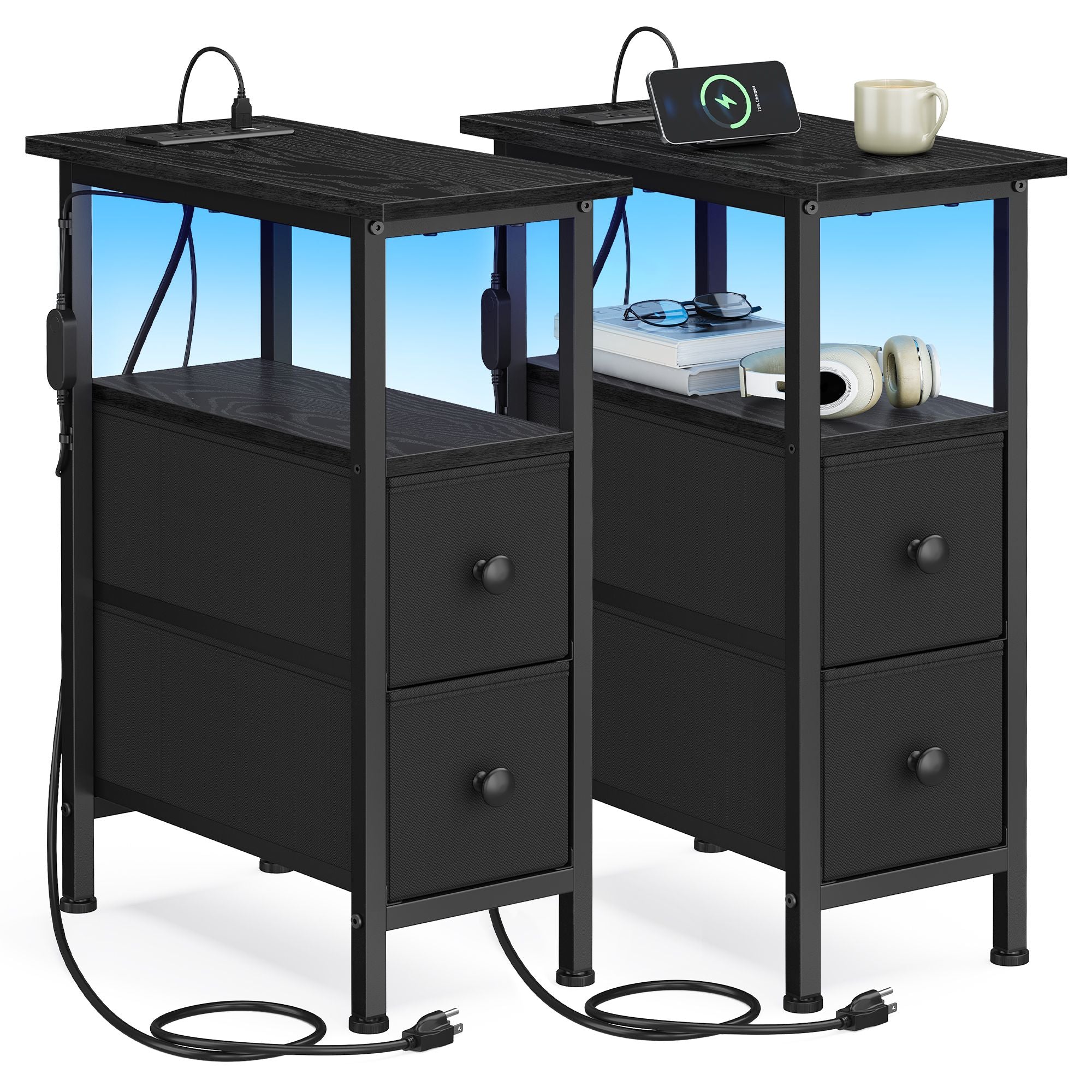 Side Table with LED Light - Narrow End Table with 2 Drawers - Nightstand with Charging Station - Bedside Tables for Small Space - Living Room - Ink Black - BELLAH Collection ULGS012B101 - Ink Black