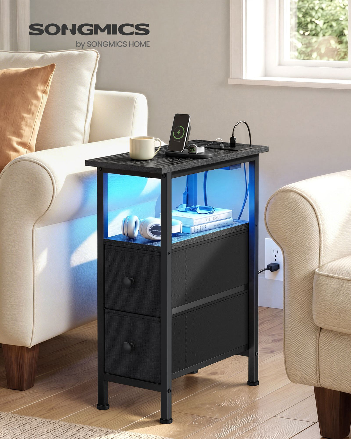 BELLAH Collection Nightstand - LED Light - 2 Drawers - Charging Station