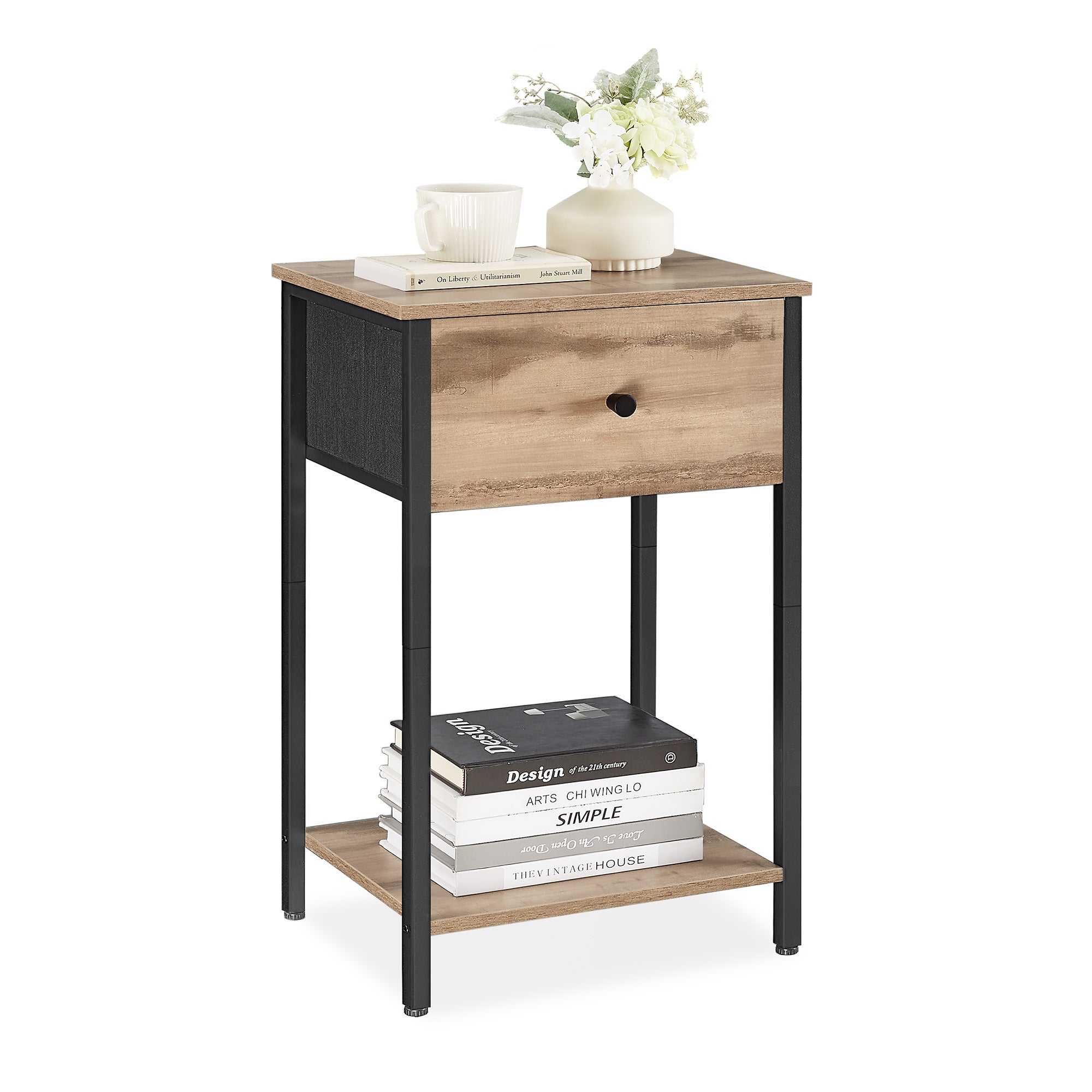 Nightstand - Side Table with Fabric Drawer - 24-Inch Tall End Table with Storage Shelf