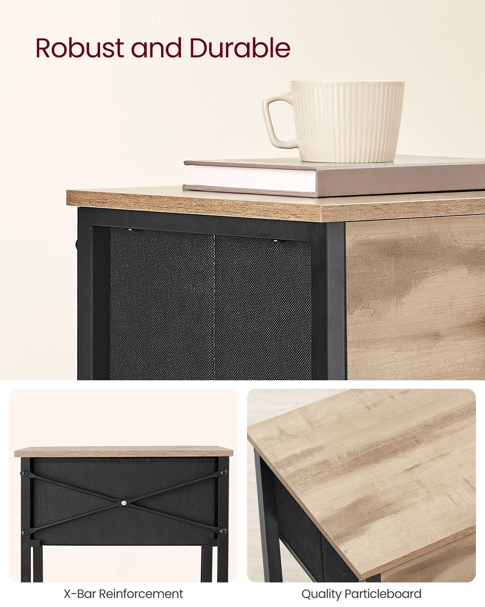 Nightstand - Side Table with Fabric Drawer - 24-Inch Tall End Table with Storage Shelf