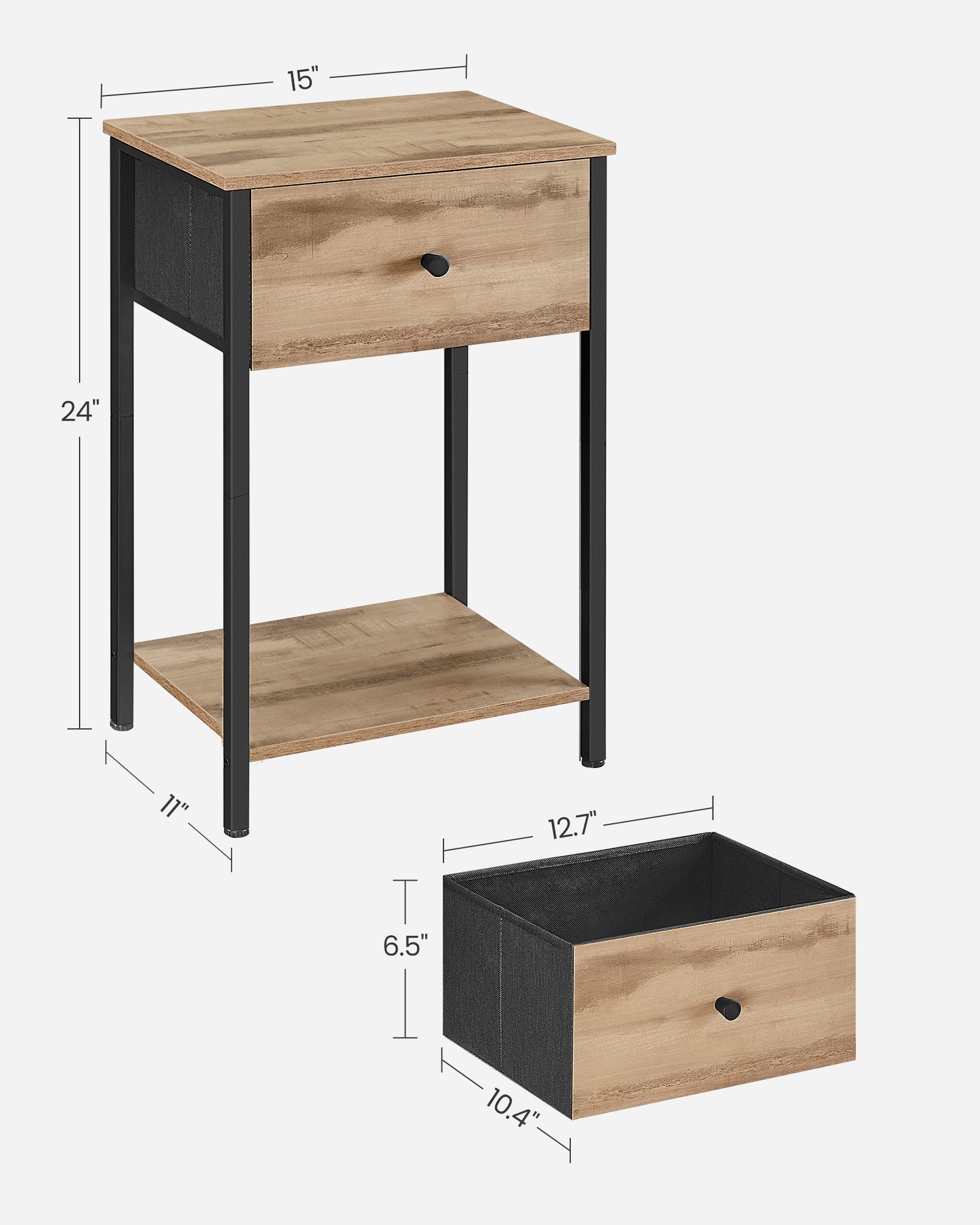 Nightstand - Side Table with Fabric Drawer - 24-Inch Tall End Table with Storage Shelf