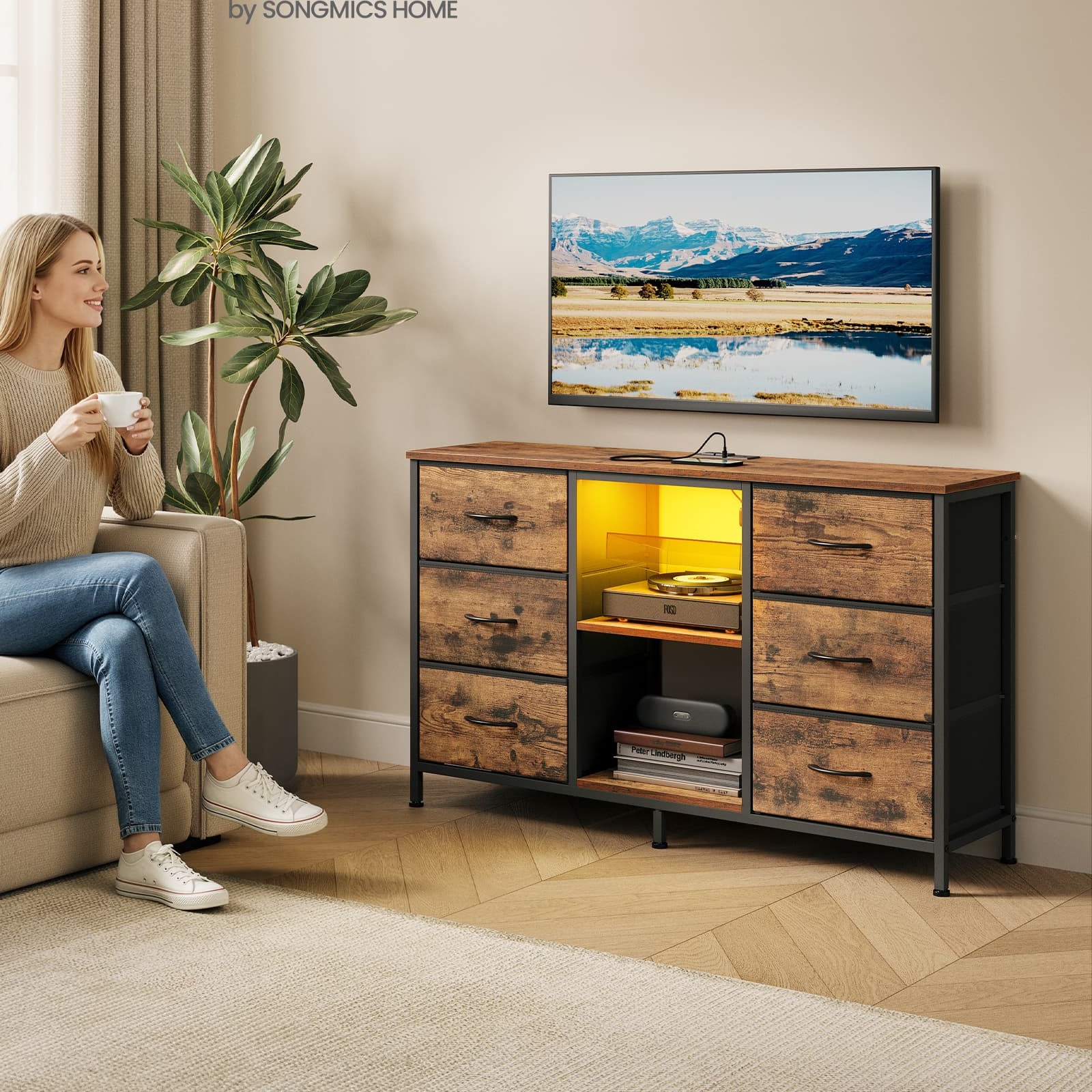 TV Stand With Fabric Drawers And Shelves
