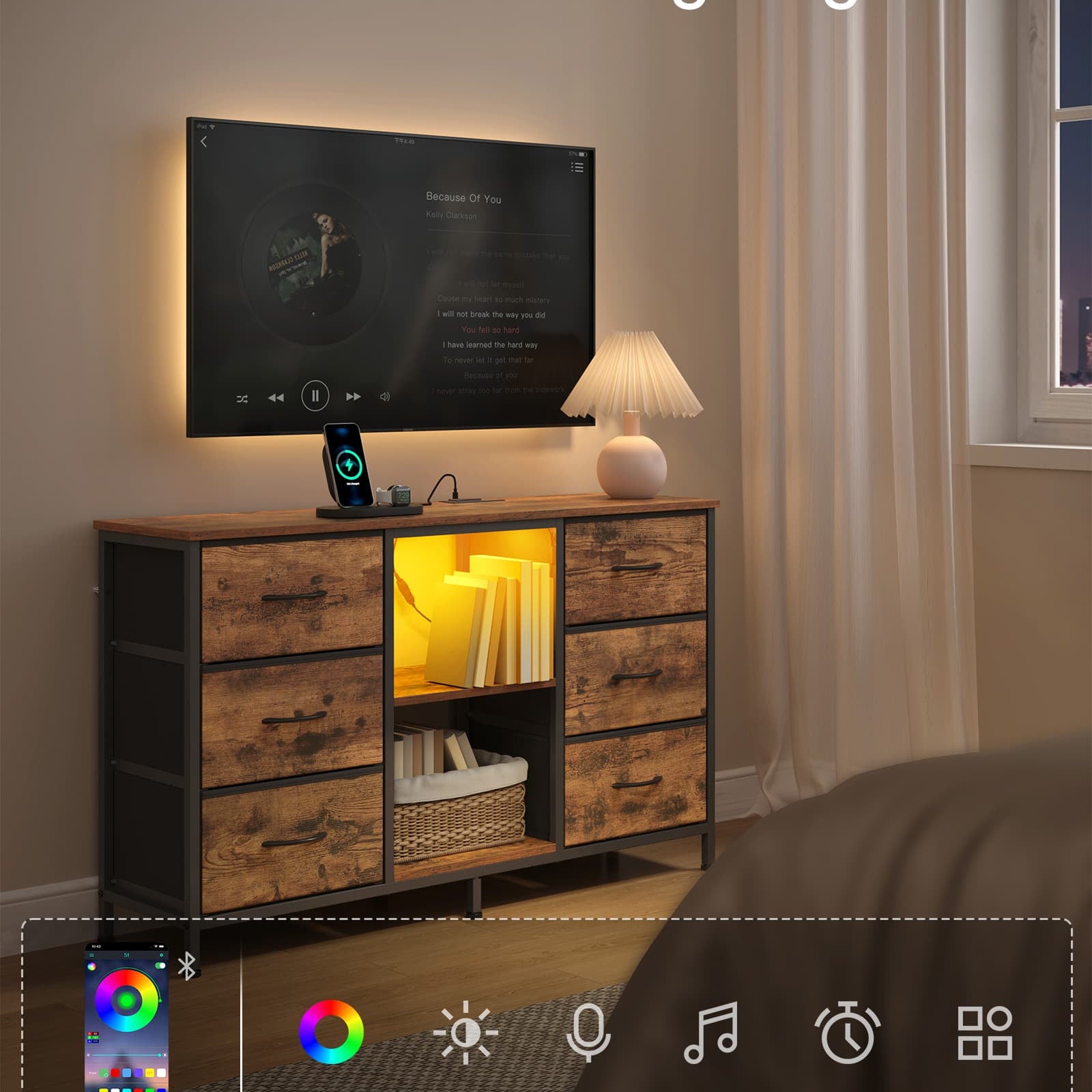 TV Stand With Fabric Drawers And Shelves