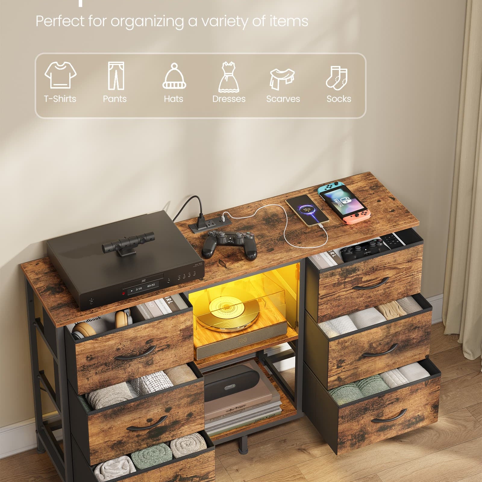 TV Stand With Fabric Drawers And Shelves
