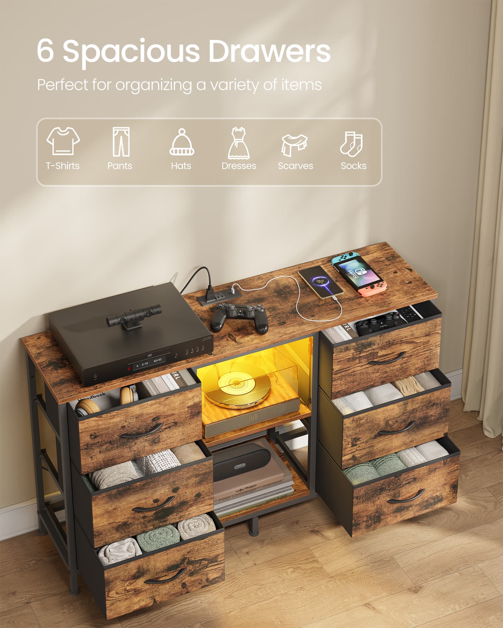 TV Stand With Fabric Drawers And Shelves