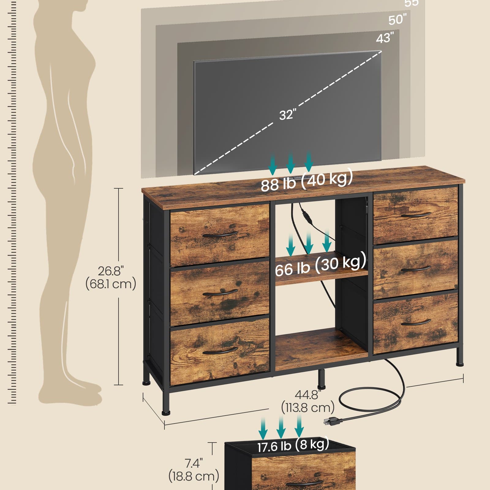 TV Stand With Fabric Drawers And Shelves