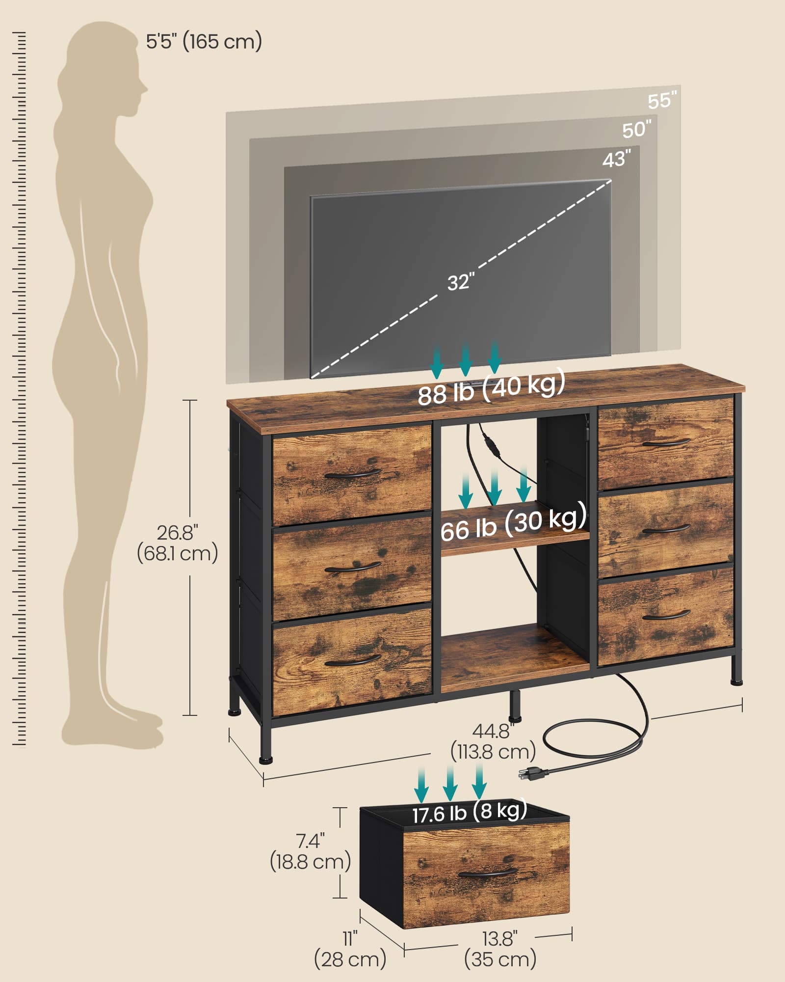 TV Stand With Fabric Drawers And Shelves
