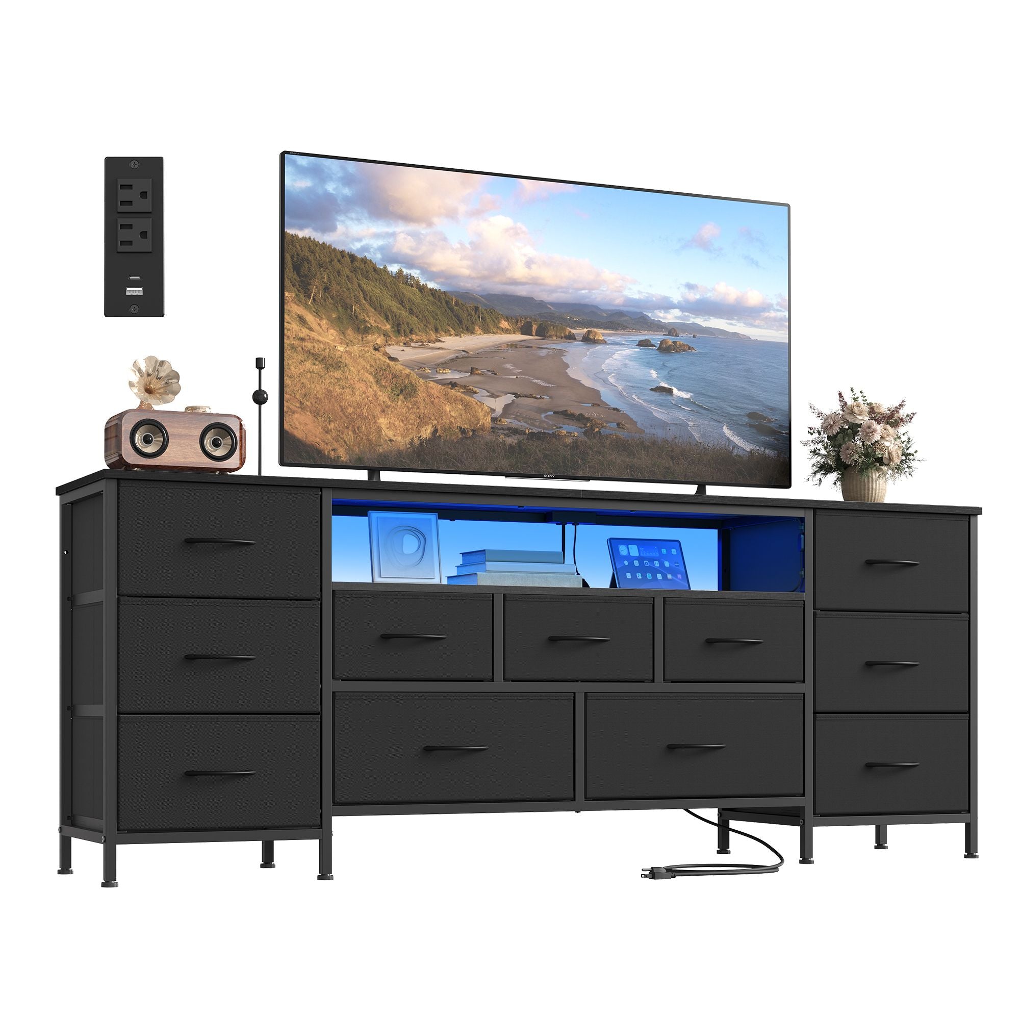 BELLAH Collection - TV Stand for TVs Up to 70 Inches - Dresser for Bedroom - Living Room - Chest of Drawers - Steel - 11 Drawers and Shelf - Modern - Ink Black ULGS043B101S