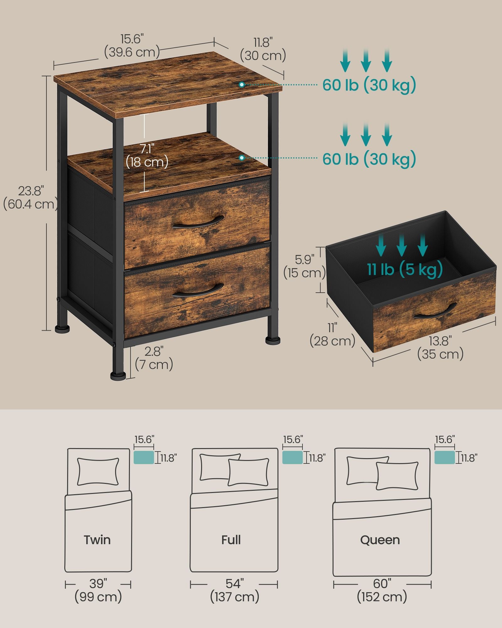 Nightstand - Bed Side Table - End Table with 2 Drawers | 1 Open Shelf - Industrial - Rustic Brown - BELLAH Collection ULGS052K101S - Rustic Brown