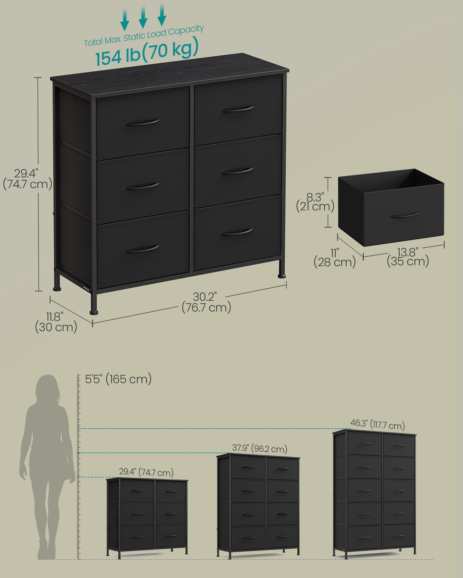 Dresser for Bedroom - 6-Drawer Storage Organizer - Ink Black & Ebony Black - Steel Frame - Ink Black, Ebony Black