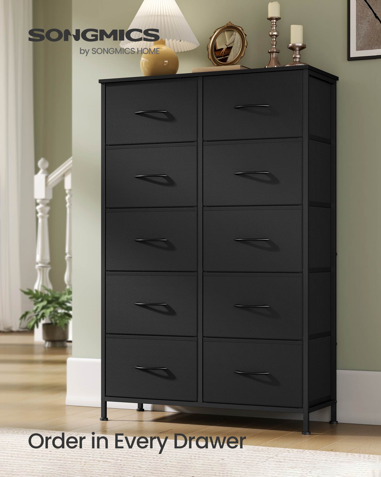 Dresser for Bedroom - 10-Drawer Storage Organizer - Rustic Brown & Ink Black - Steel Frame - Ink Black, Ebony Black