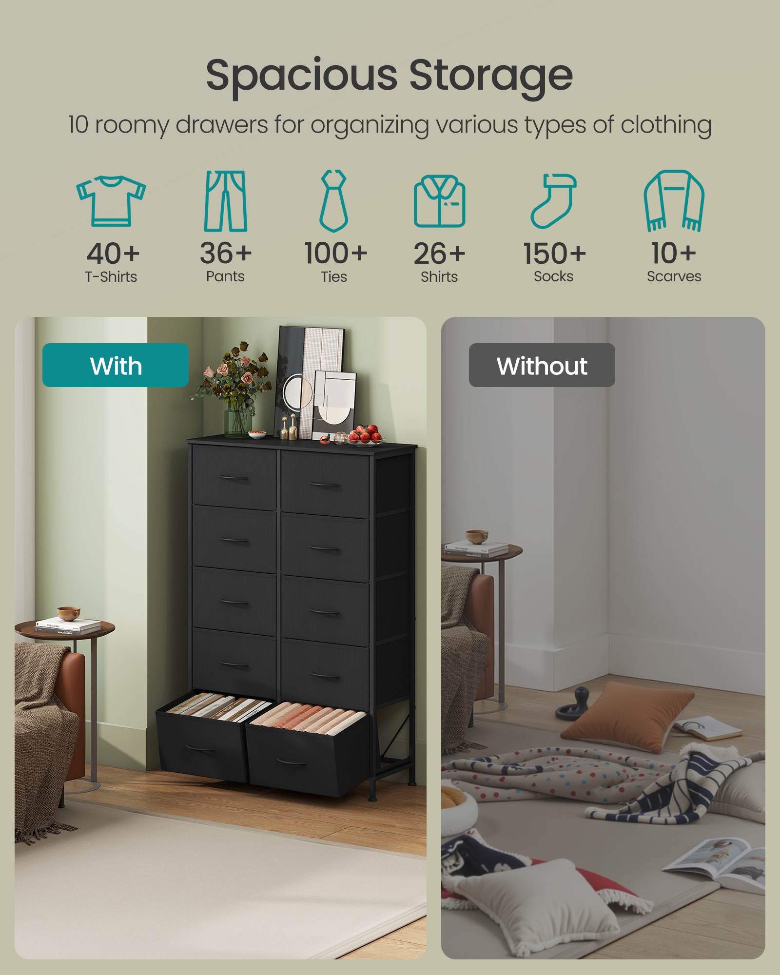 Dresser for Bedroom - 10-Drawer Storage Organizer - Rustic Brown & Ink Black - Steel Frame - Ink Black, Ebony Black