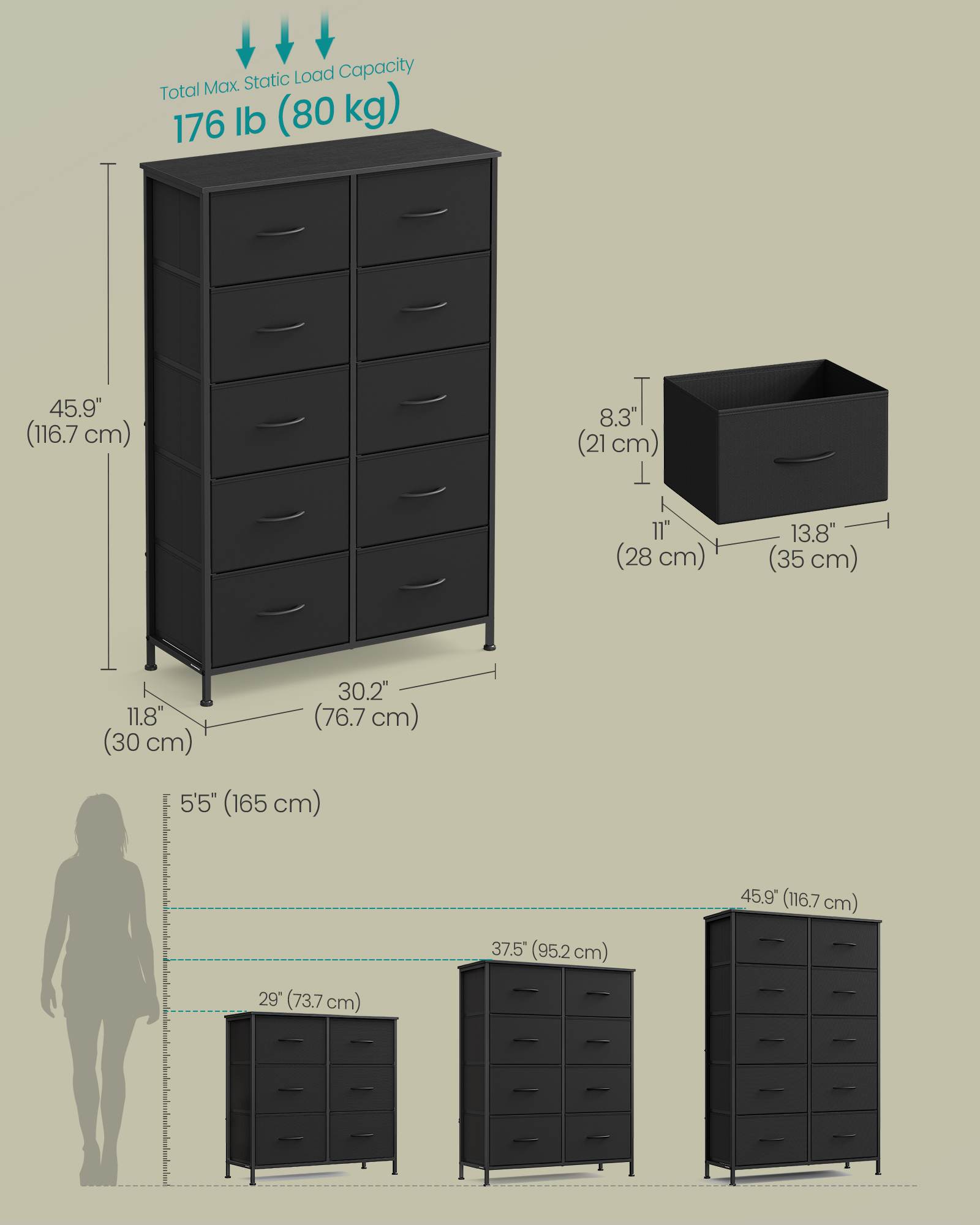 Dresser for Bedroom - 10-Drawer Storage Organizer - Rustic Brown & Ink Black - Steel Frame - Ink Black, Ebony Black