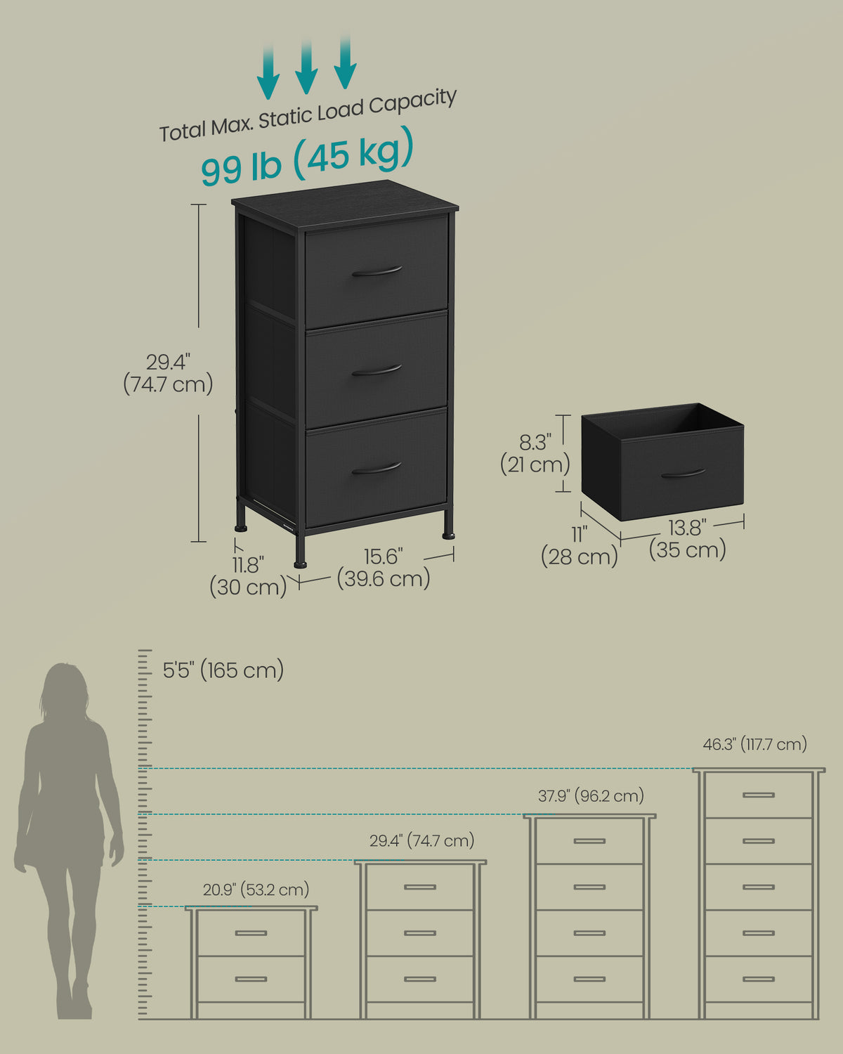 Dresser for Bedroom - Small Dresser with 3 Fabric Drawers - ULGS313B01S