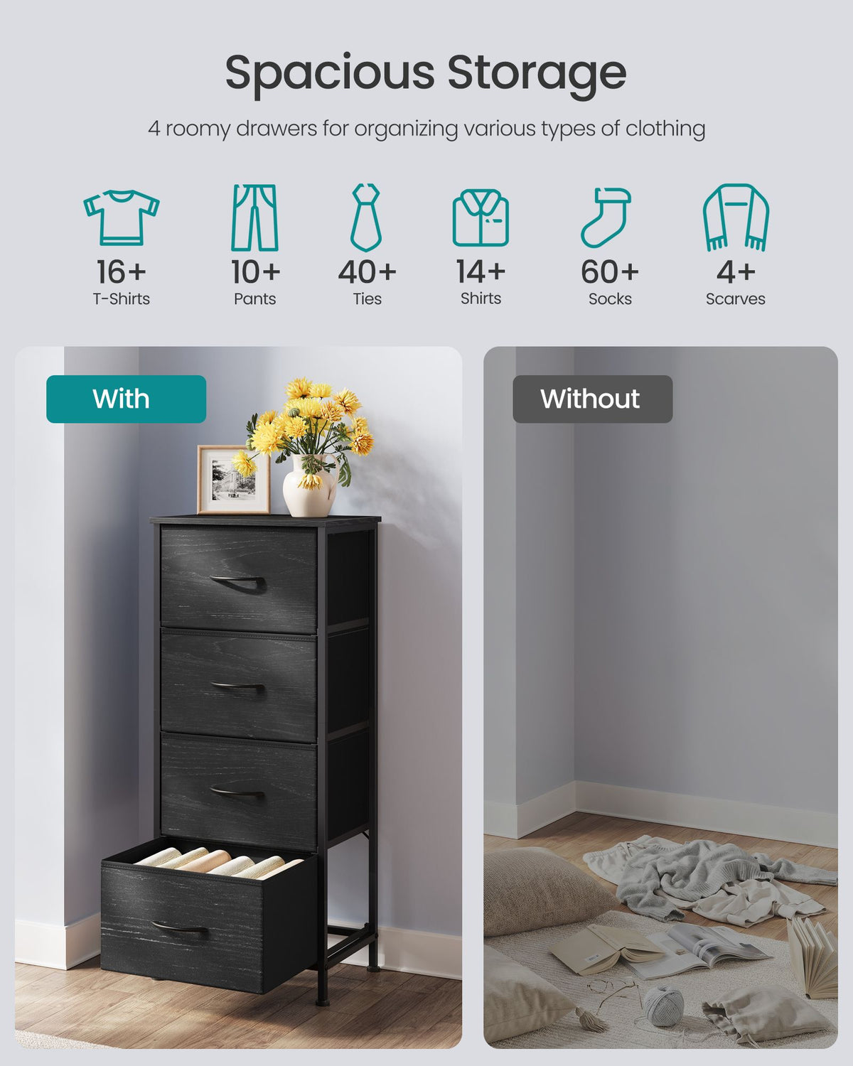 Dresser for Bedroom - Tall Dresser with 4 Fabric Drawers