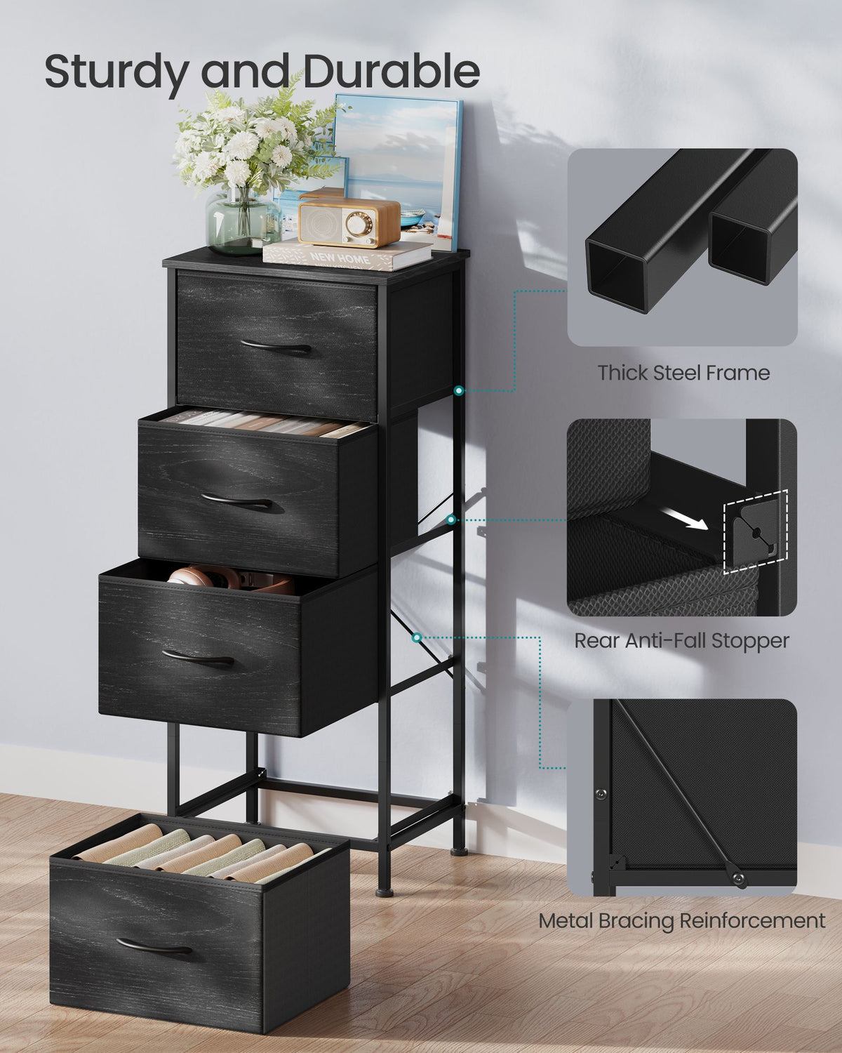 Dresser for Bedroom - Tall Dresser with 4 Fabric Drawers