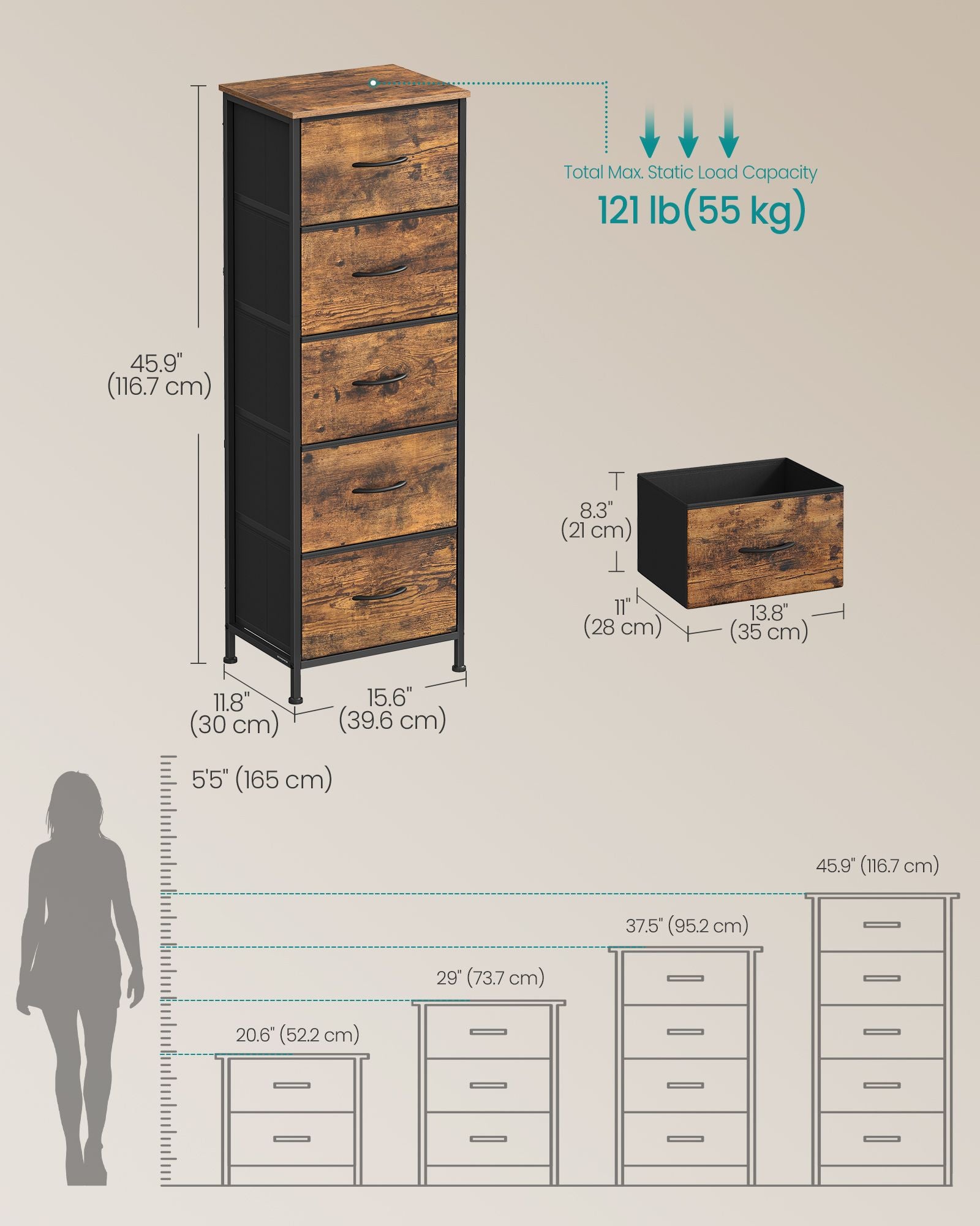 5 Drawer Dresser - Rustic Brown & Ink Black - Steel Frame - 46" Tall Storage Organizer - Rustic Brown & Ink Black