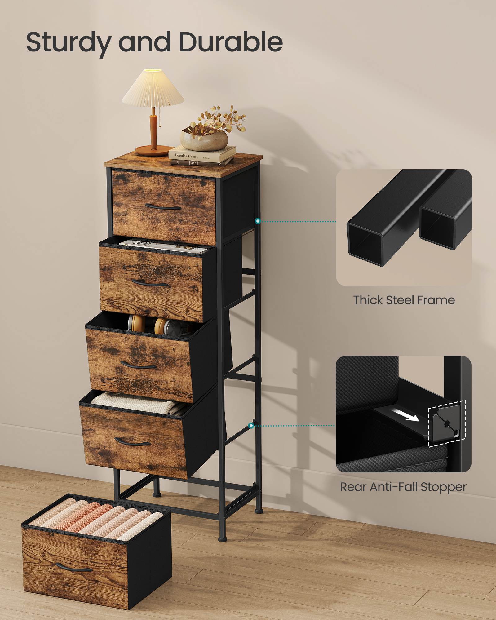 5 Drawer Dresser - Rustic Brown & Ink Black - Steel Frame - 46" Tall Storage Organizer - Rustic Brown & Ink Black