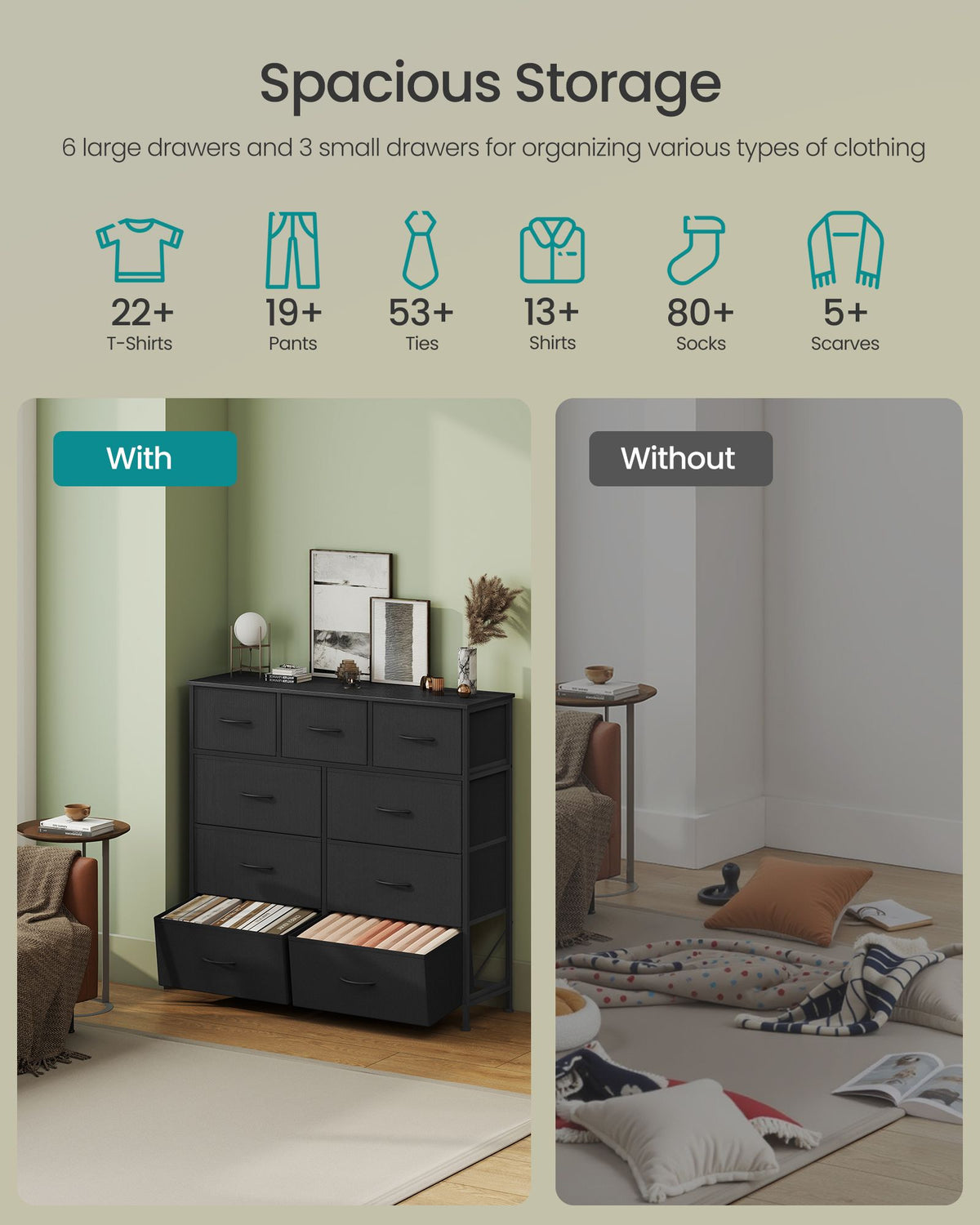 Wide Bedroom Storage Dresser with 9 Fabric Drawers - ULGS324B01S