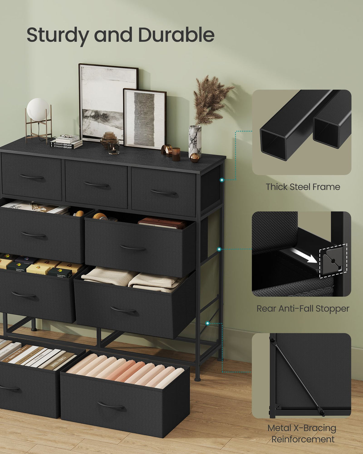 Wide Bedroom Storage Dresser with 9 Fabric Drawers - ULGS324B01S