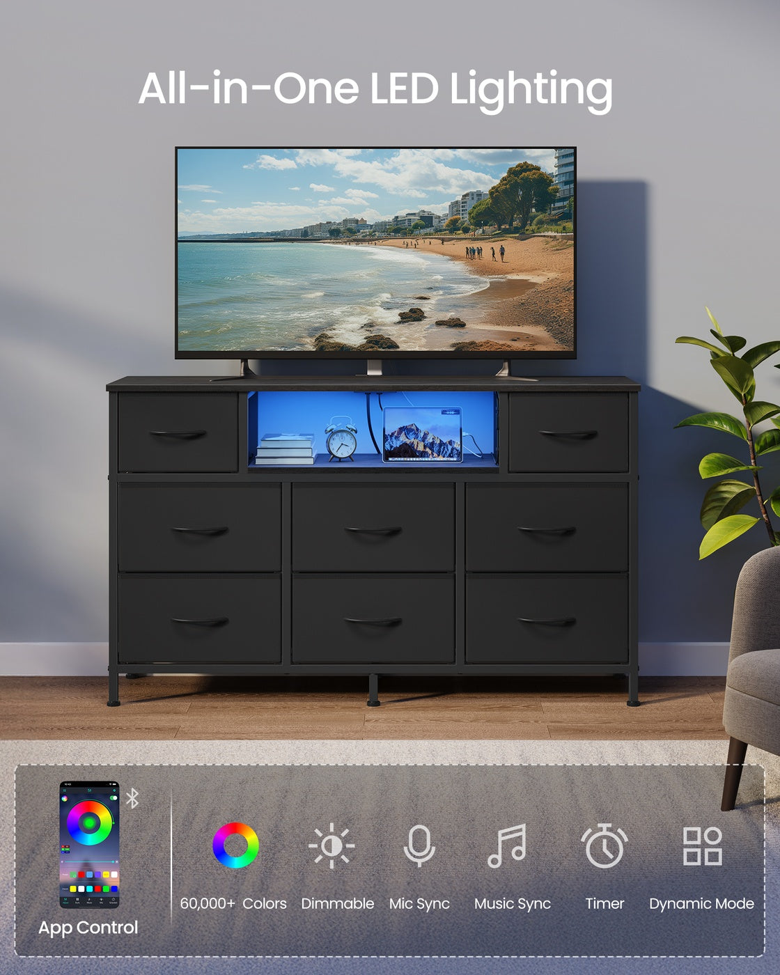 Resser for Bedroom with Outlets and LED Lights - TV Stand