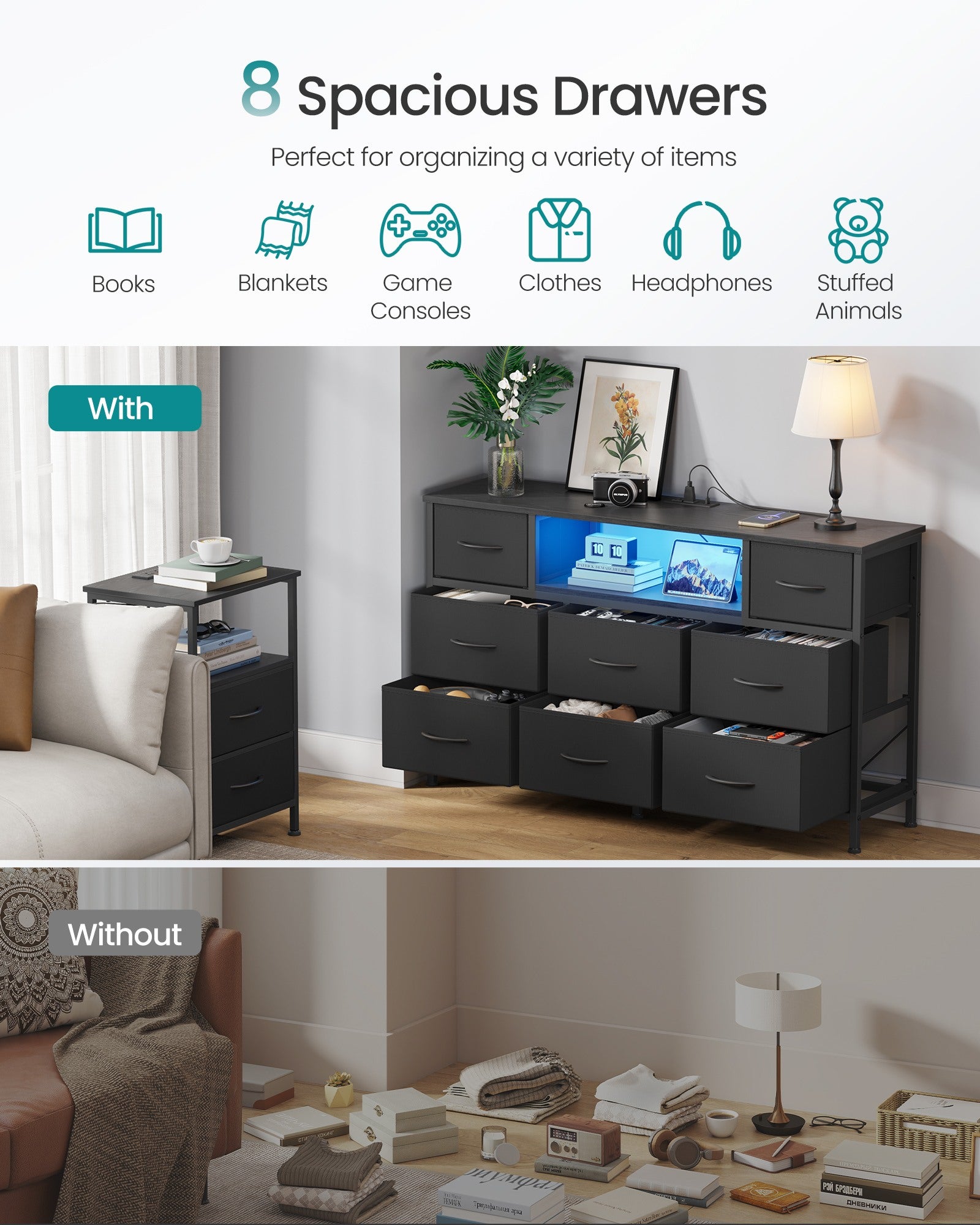 Resser for Bedroom with Outlets and LED Lights - TV Stand