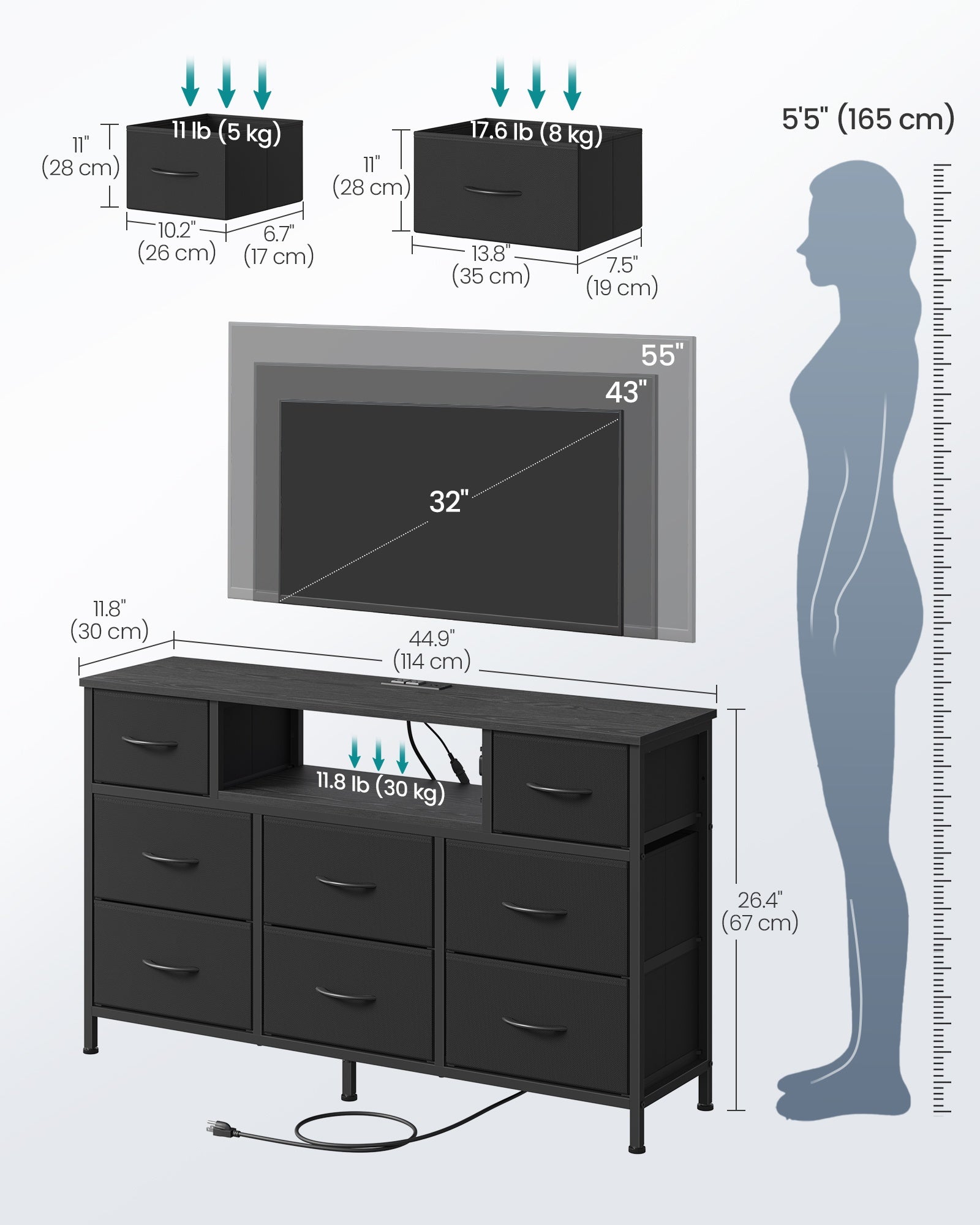 Resser for Bedroom with Outlets and LED Lights - TV Stand