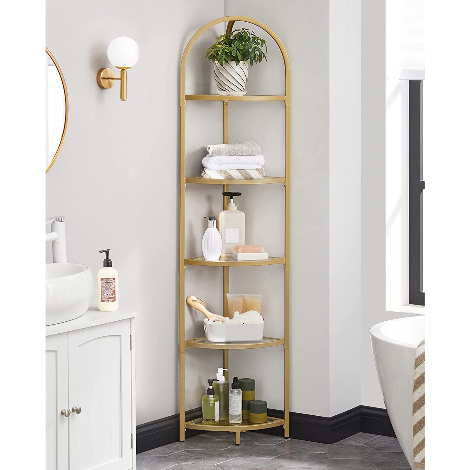 5-Tier Glass Corner Storage Shelf - Metallic Gold