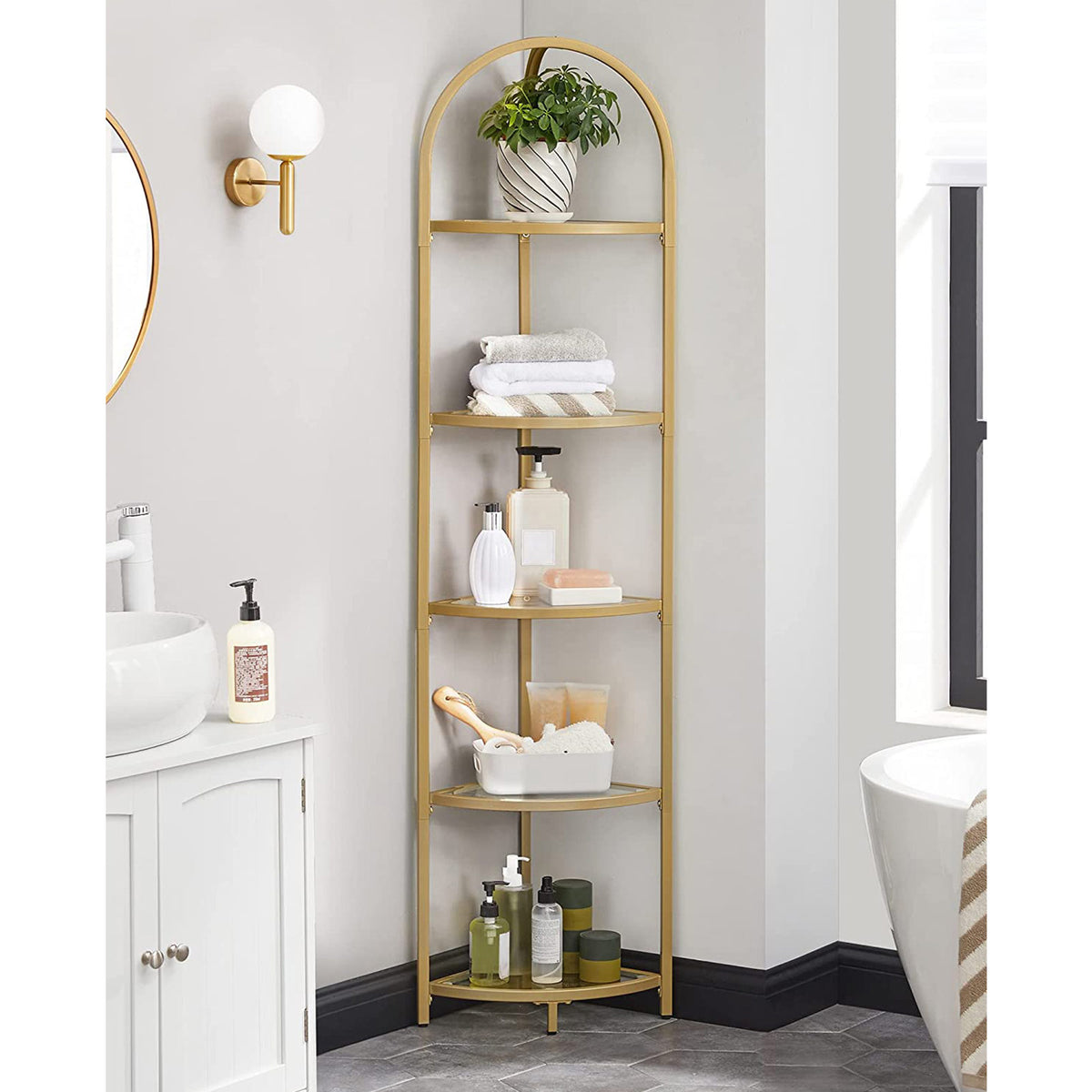 5-Tier Glass Corner Storage Shelf - Metallic Gold
