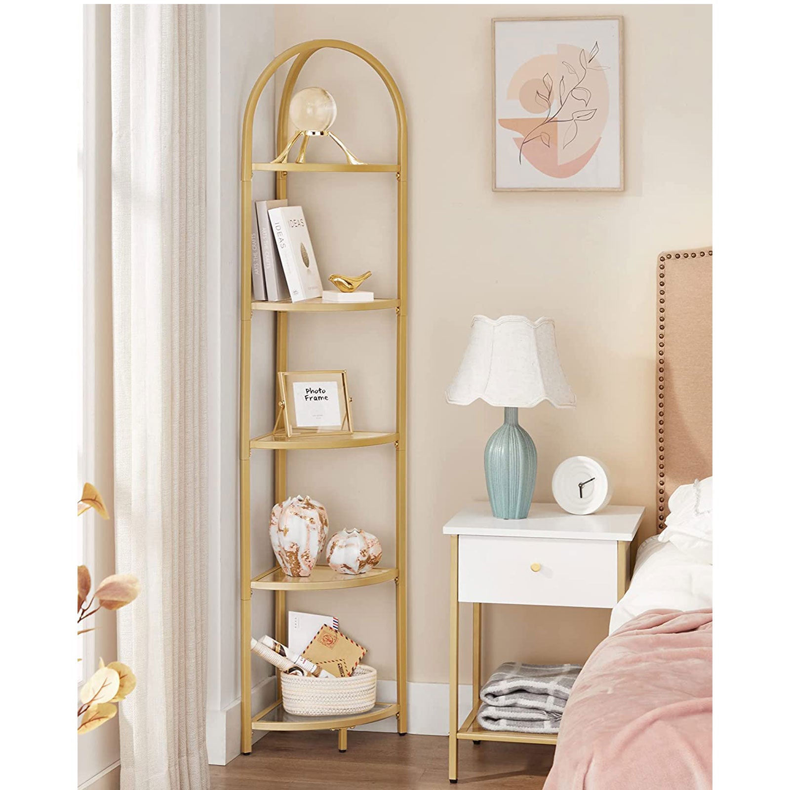 5-Tier Glass Corner Storage Shelf - Metallic Gold