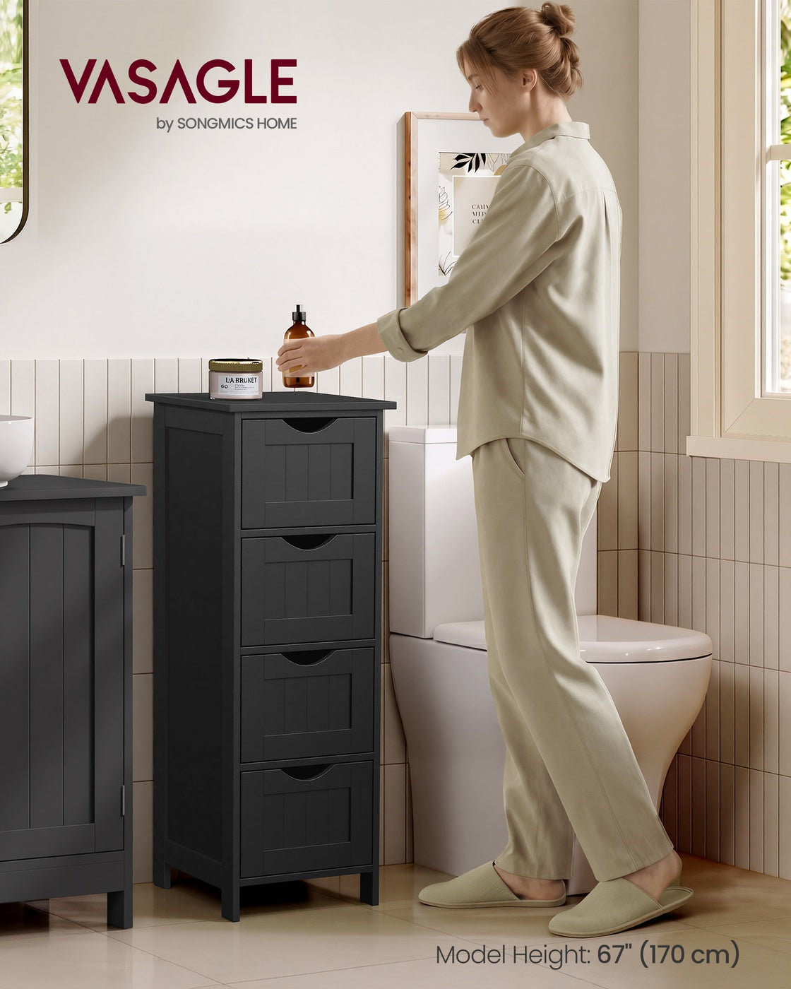 Slim Bathroom Storage Cabinet with 4 Drawers Black