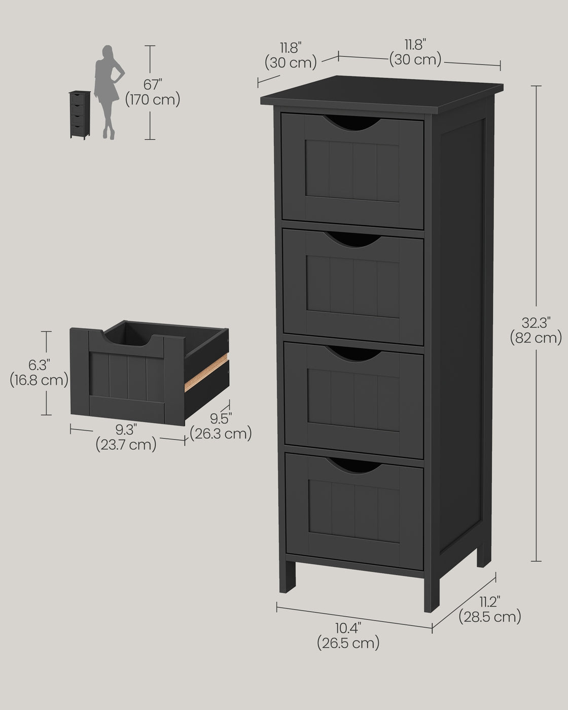 Slim Bathroom Storage Cabinet with 4 Drawers Black