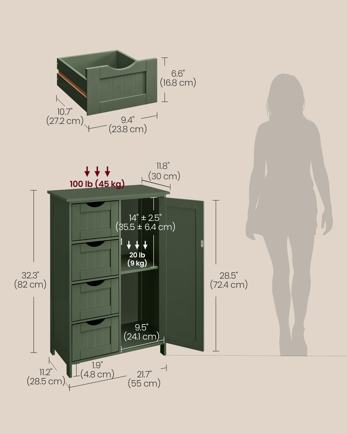 Freestanding Storage Cabinet - 32 inch - 2 Drawers and Adjustable Shelf