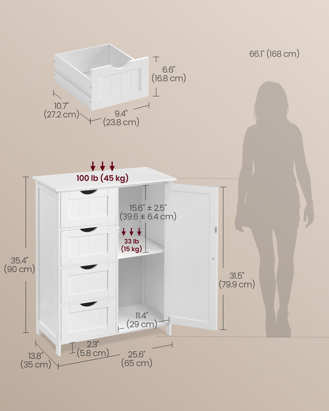 Storage Cabinet - Drawers And Door - 35 Inch - Bathroom Floor Cabinet