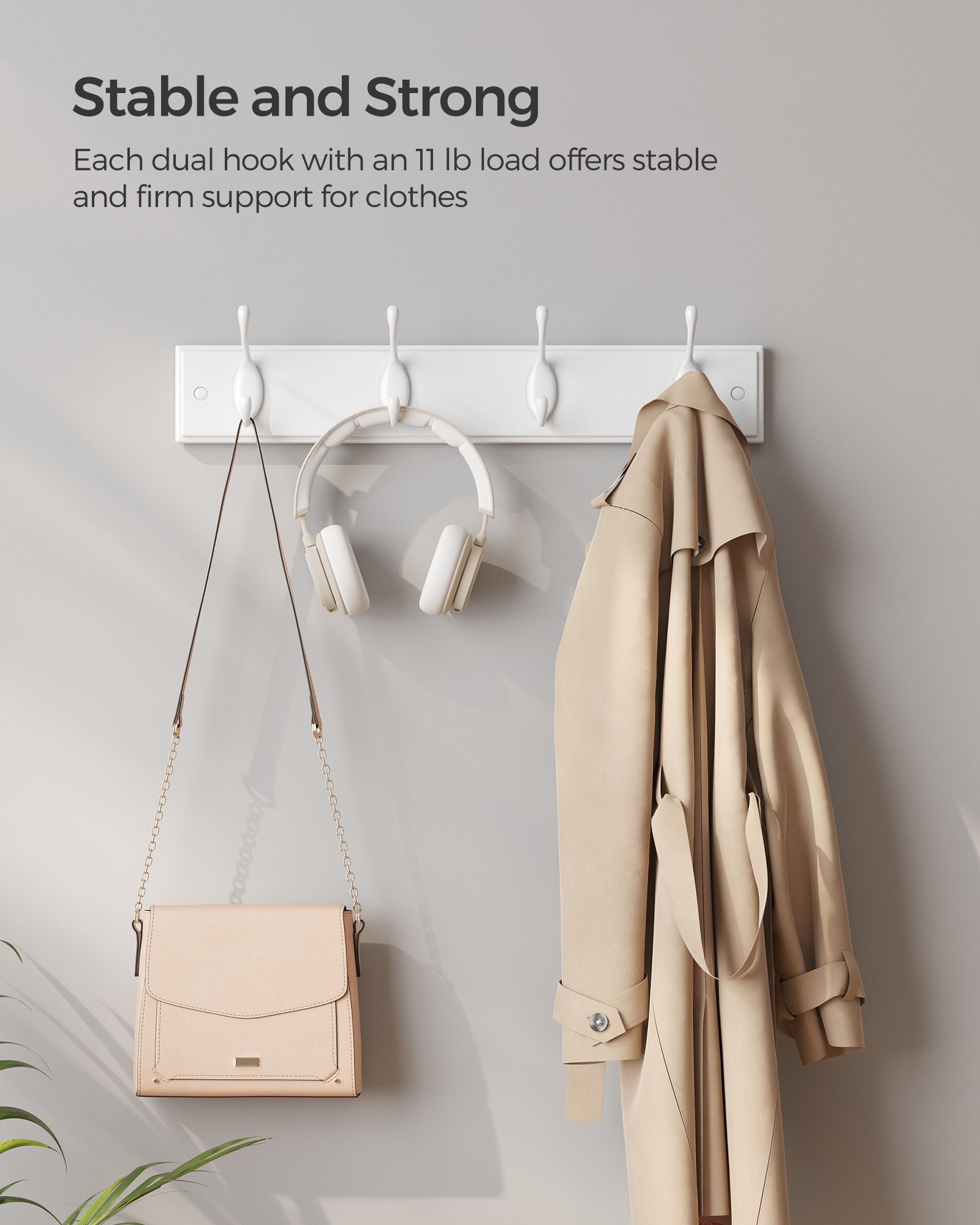 Set of 2 Wall-Mounted Coat Rack - Hook Rack - 8 Dual Metal Hooks