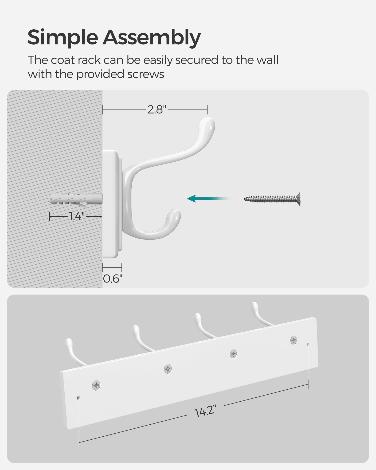 Set of 2 Wall-Mounted Coat Rack - Hook Rack - 8 Dual Metal Hooks