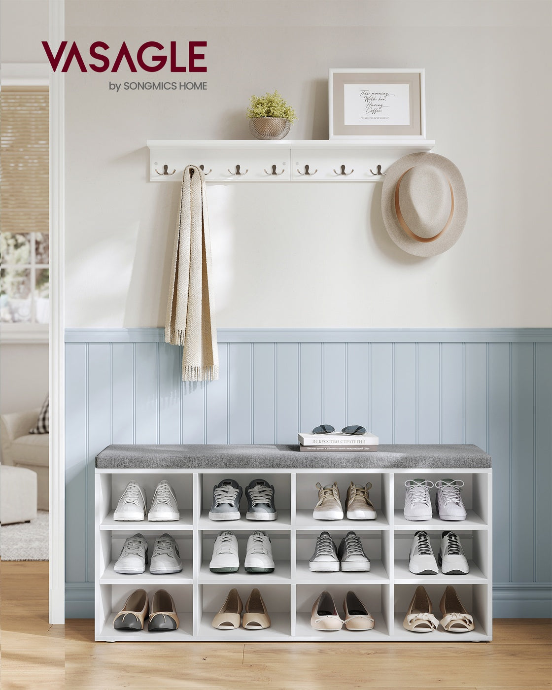 Shoe Bench with Cushion,12 Compartments - Cloud White, Dove Gray