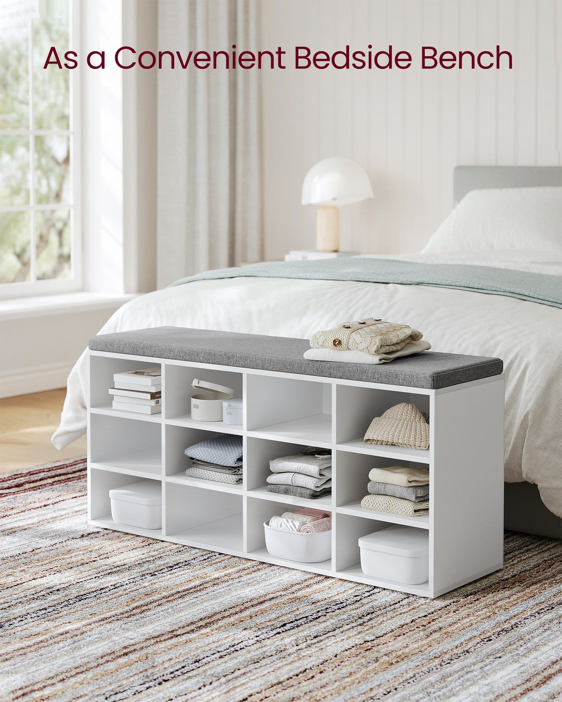 Shoe Bench with Cushion,12 Compartments - Cloud White, Dove Gray