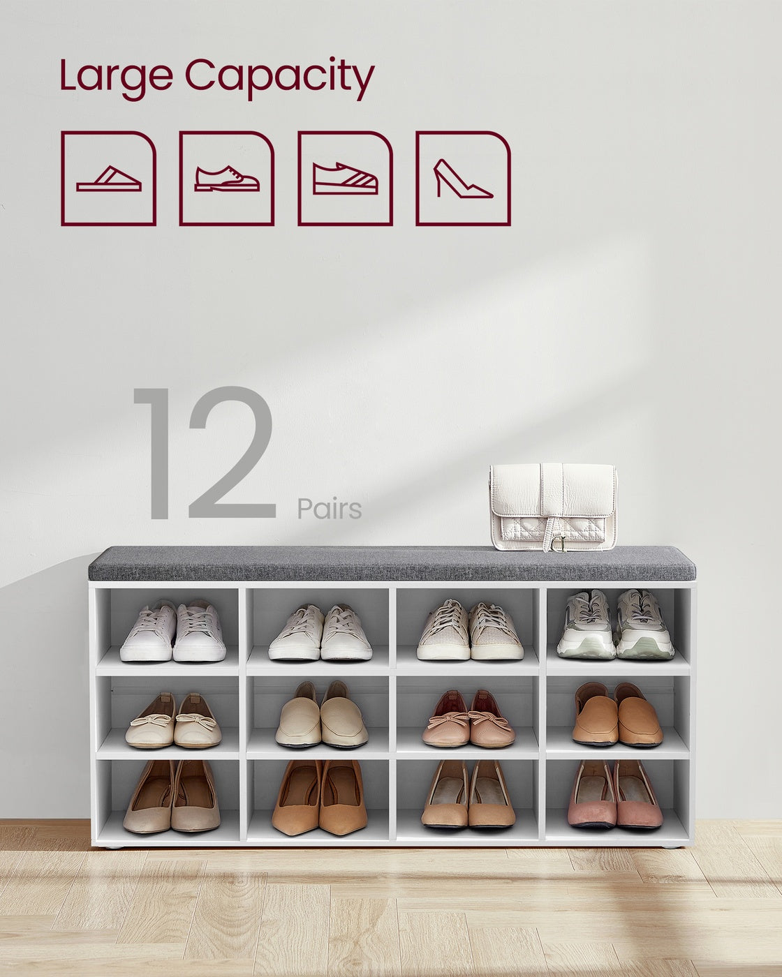 Shoe Bench with Cushion,12 Compartments - Cloud White, Dove Gray