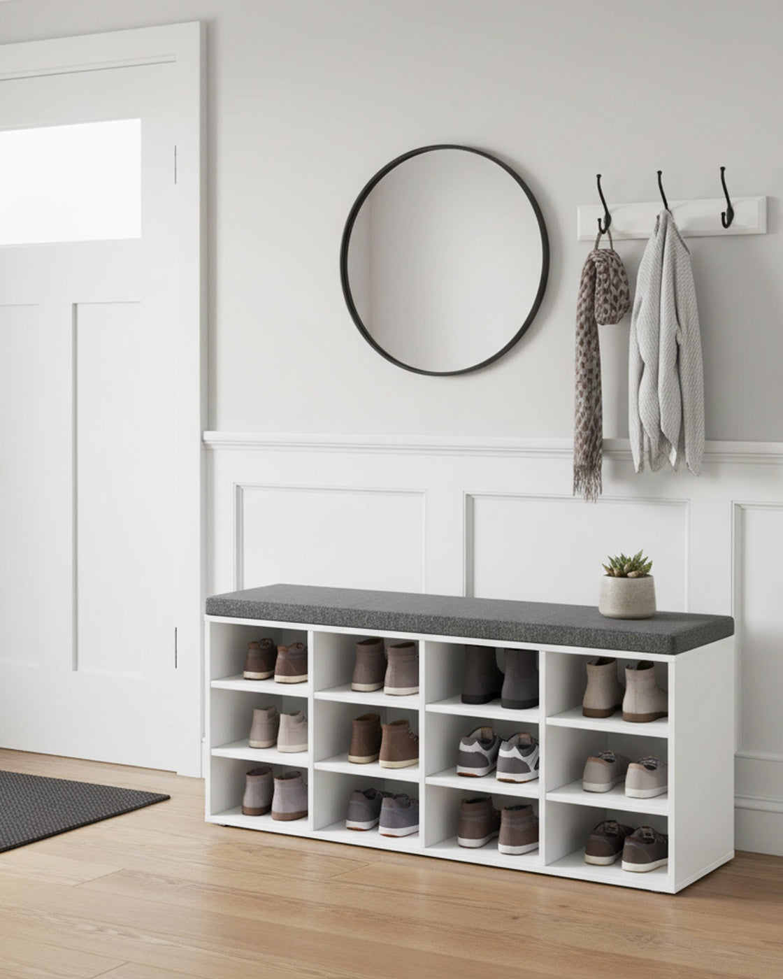 Shoe Bench with Cushion,12 Compartments - Cloud White, Dove Gray