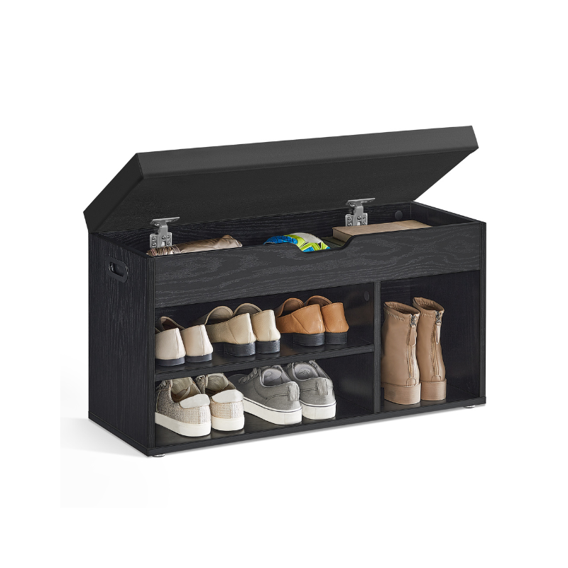 Storage Bench with Cushion - Padded Seat - 3 Compartments - Ebony Black
