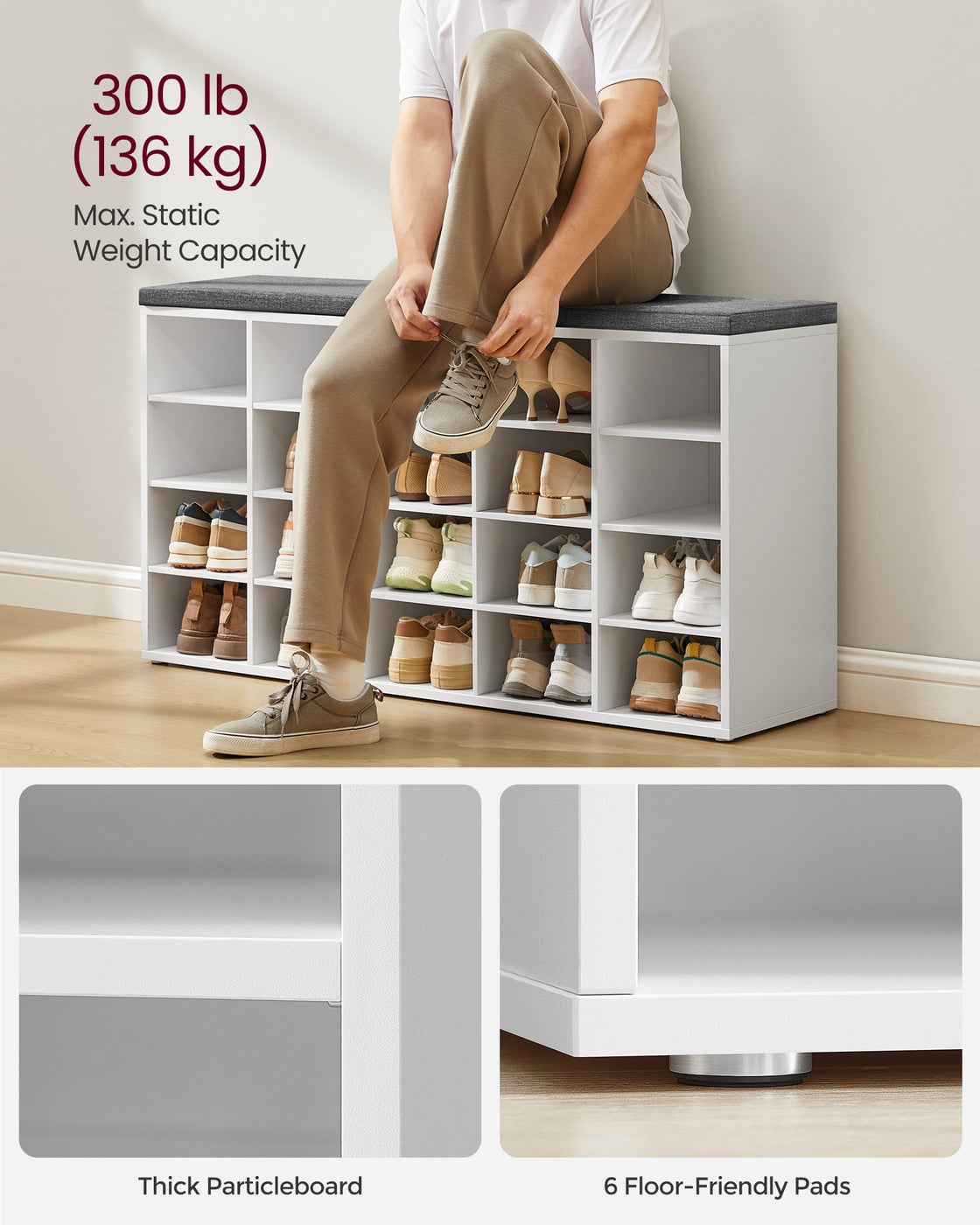 Shoe Bench With Cushion - 20 Compartments - 47 Inch Entryway Bench