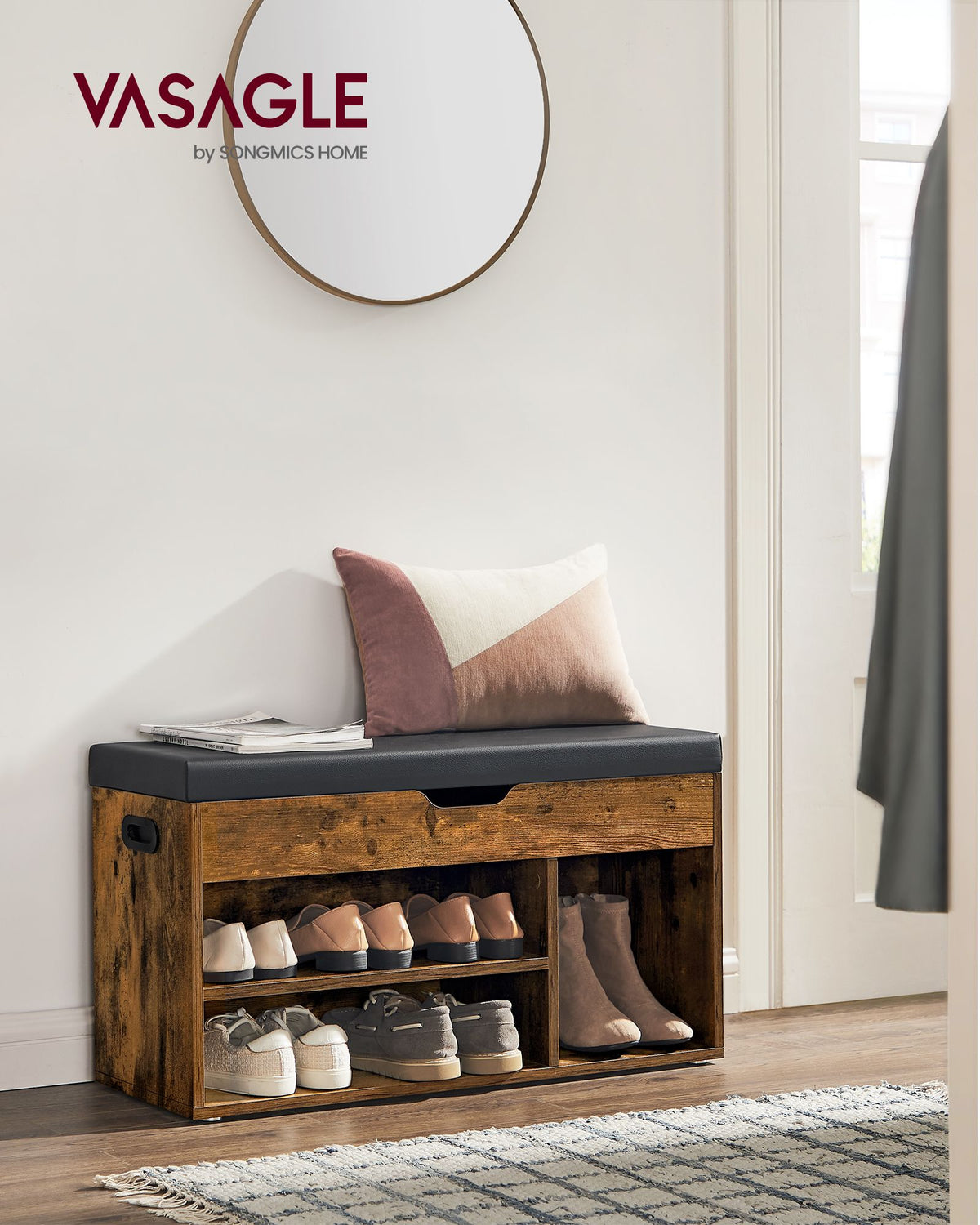 Storage Bench with Cushion - Padded Seat - 3 Compartments